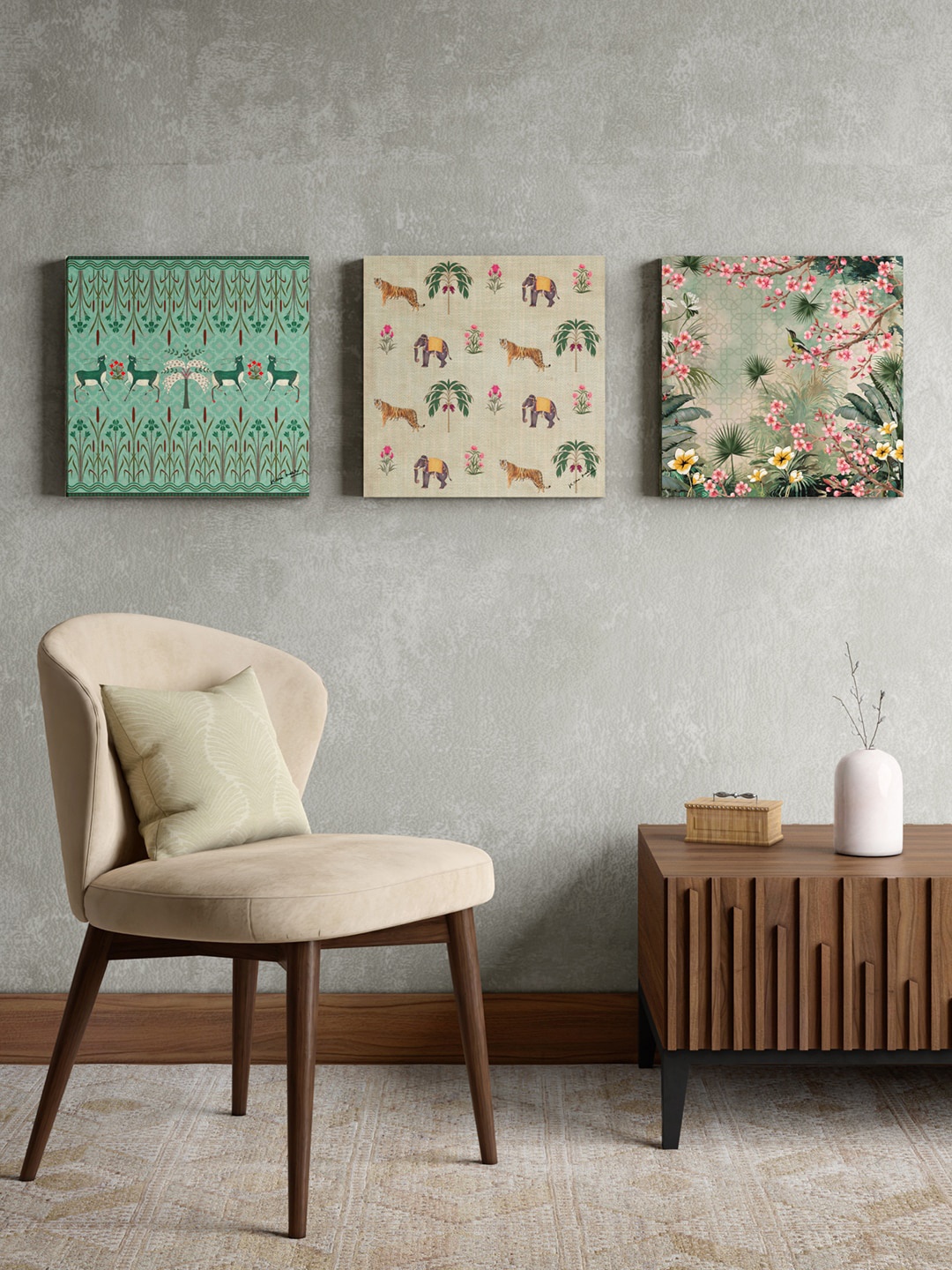 

India Circus by Krsnaa Mehta Green & Beige 3 Pieces Canvas Painting Wall Art