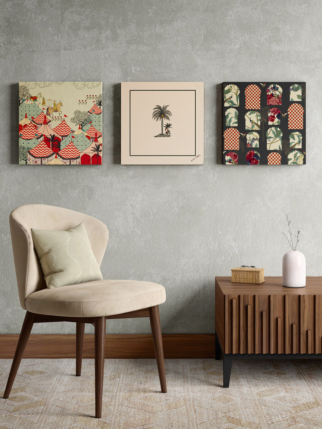 

India Circus by Krsnaa Mehta Beige & Grey 3 Pieces Framed Wall Art