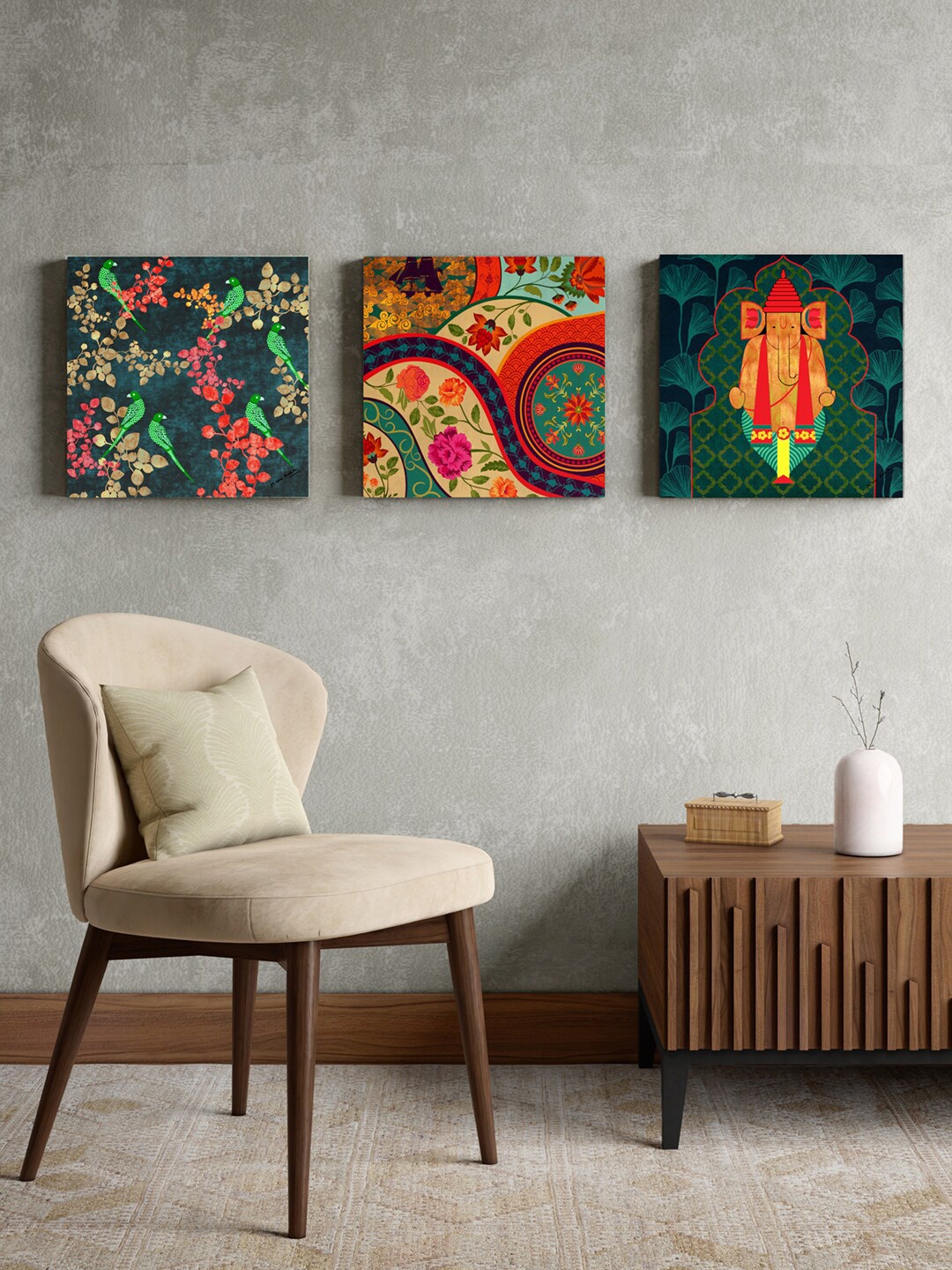 

India Circus by Krsnaa Mehta Black & Green 3 Pieces Framed Wall Art