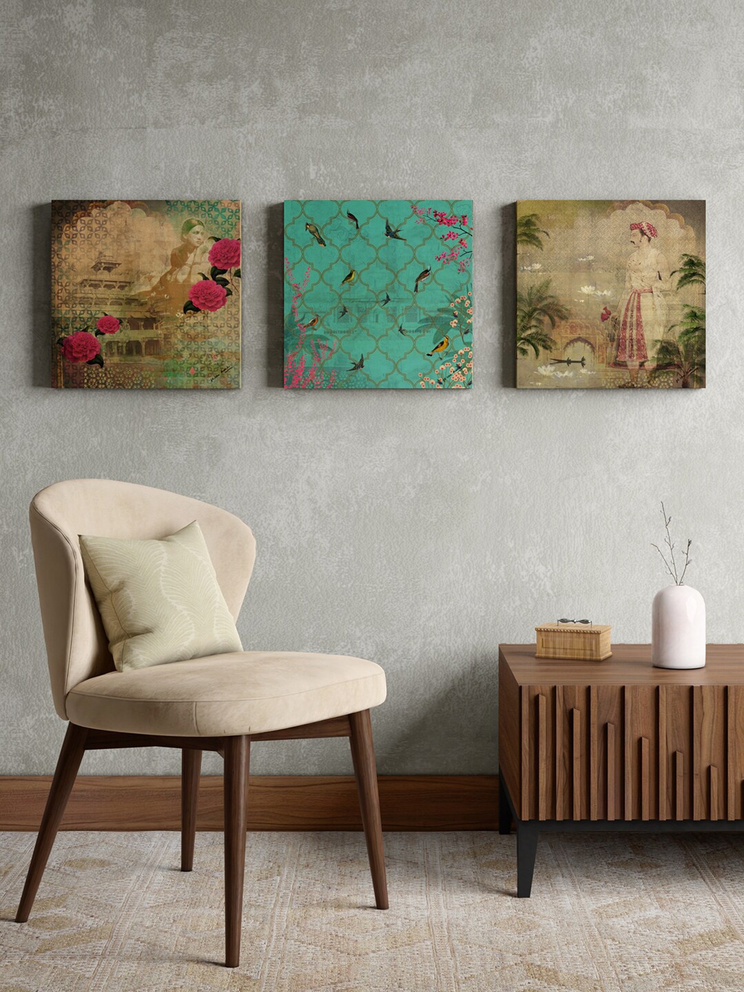 

India Circus by Krsnaa Mehta Green & Beige 3 Pieces Framed Wall Art