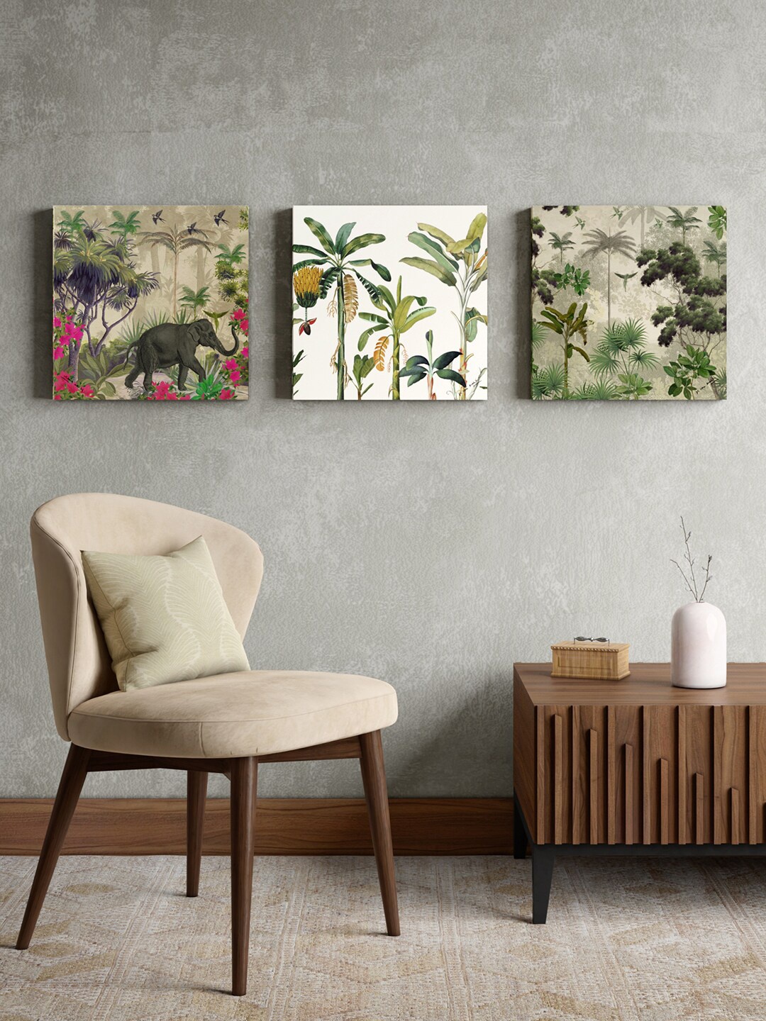 

India Circus by Krsnaa Mehta Green and White 3 Pieces Framed Wall Art