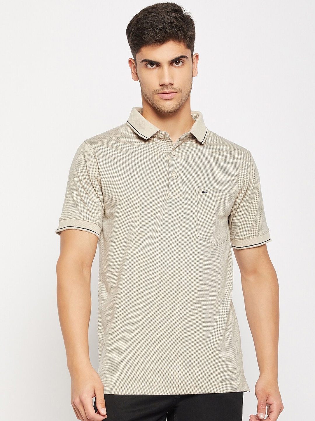 

Okane Micro Printed Polo Collar T-shirt, Cream