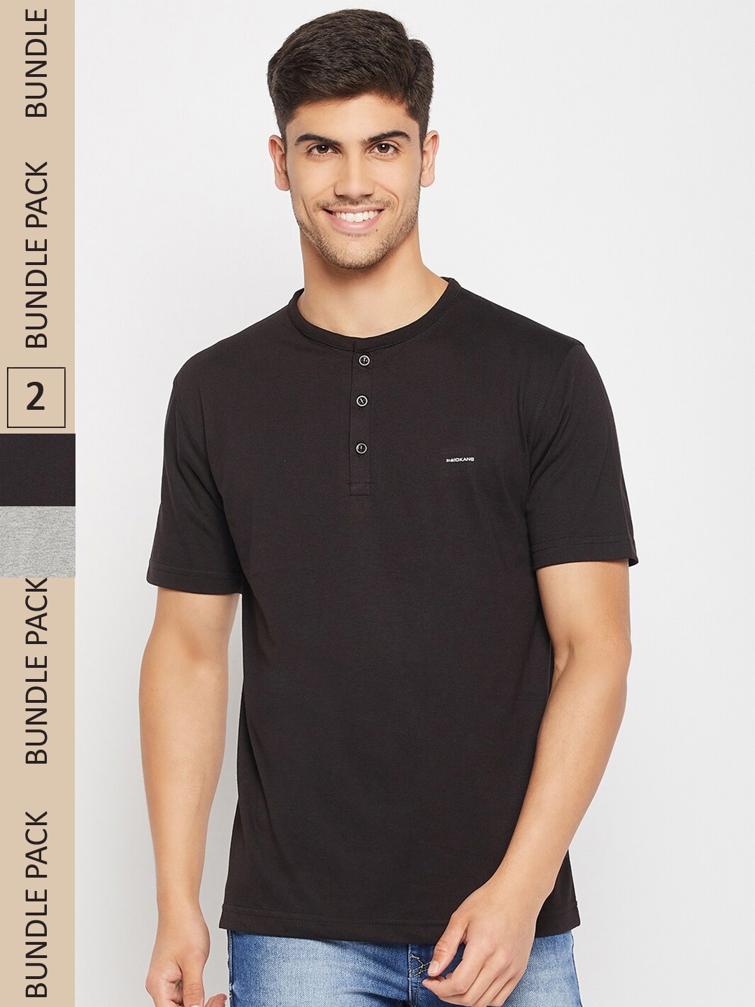 

Okane Pack Of 2 Henley Neck T-shirt, Grey melange