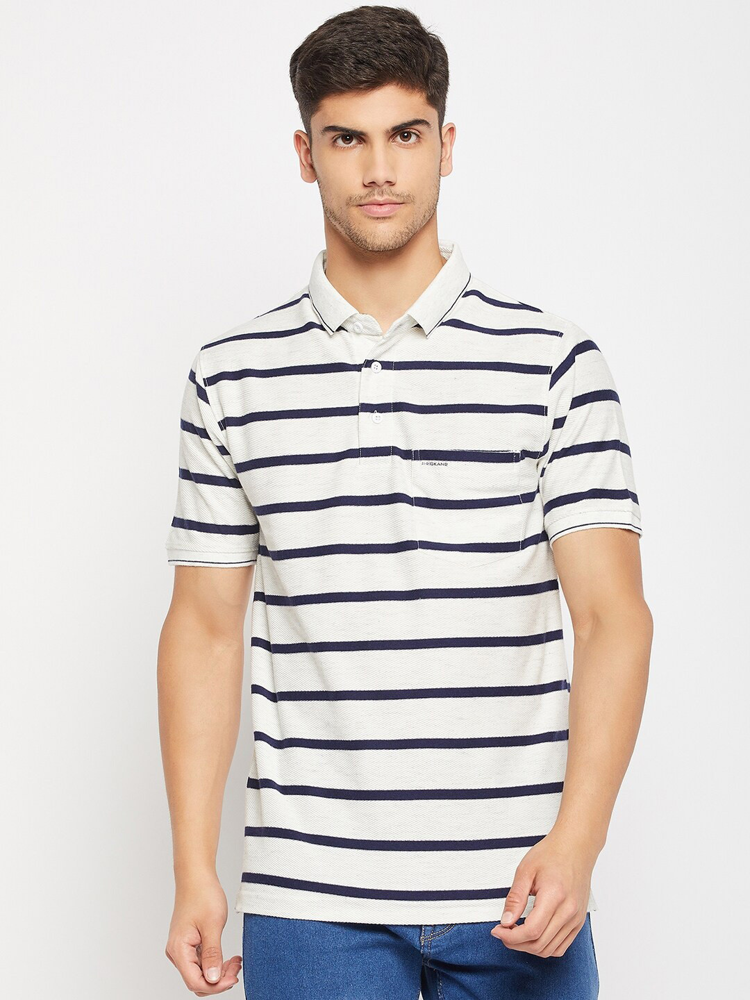 

Okane Striped Polo Collar T-shirt, White