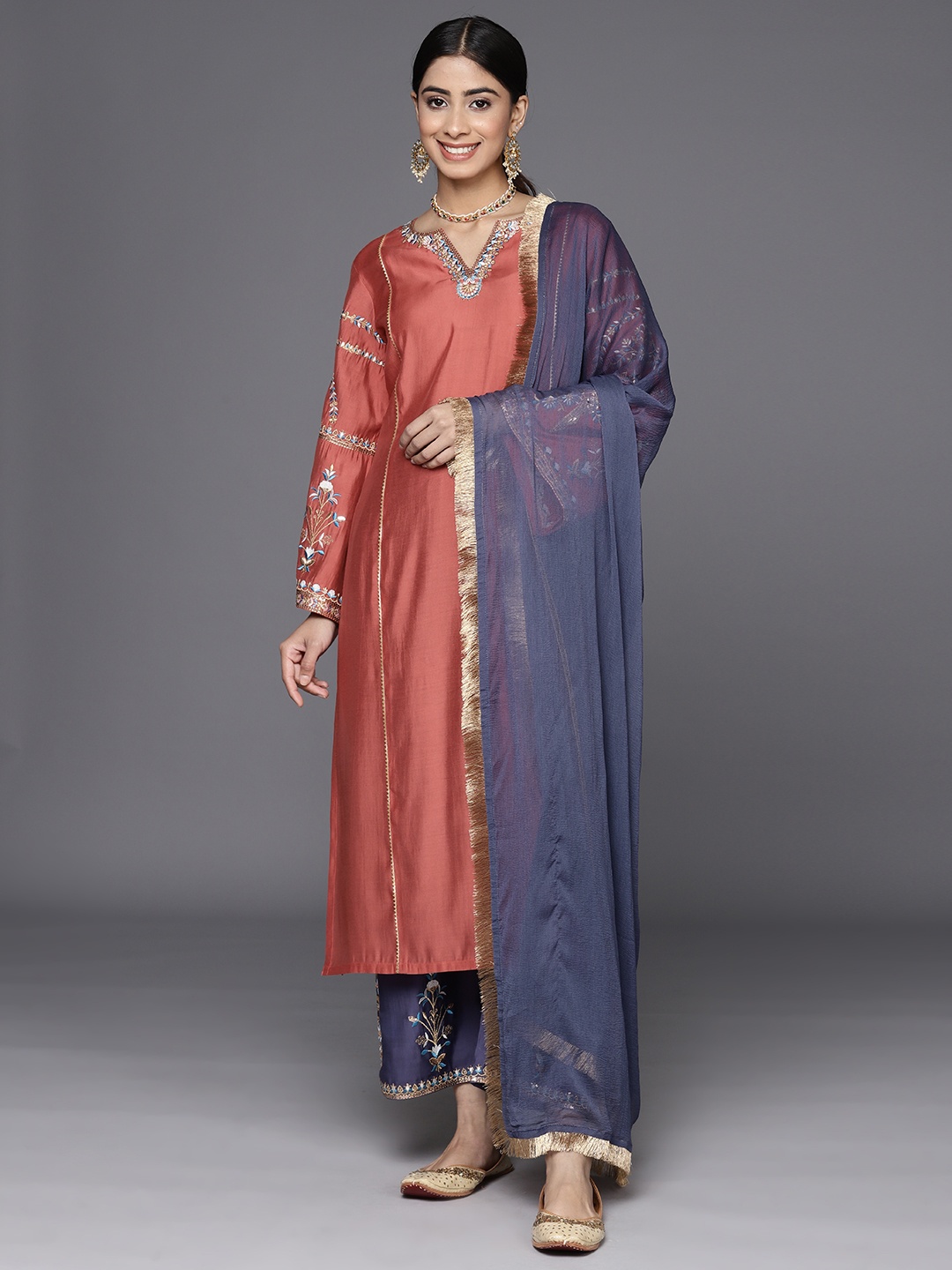 

Varanga Ethnic Motifs Embroidered Regular Sequinned Kurta with Palazzos & With Dupatta, Rust