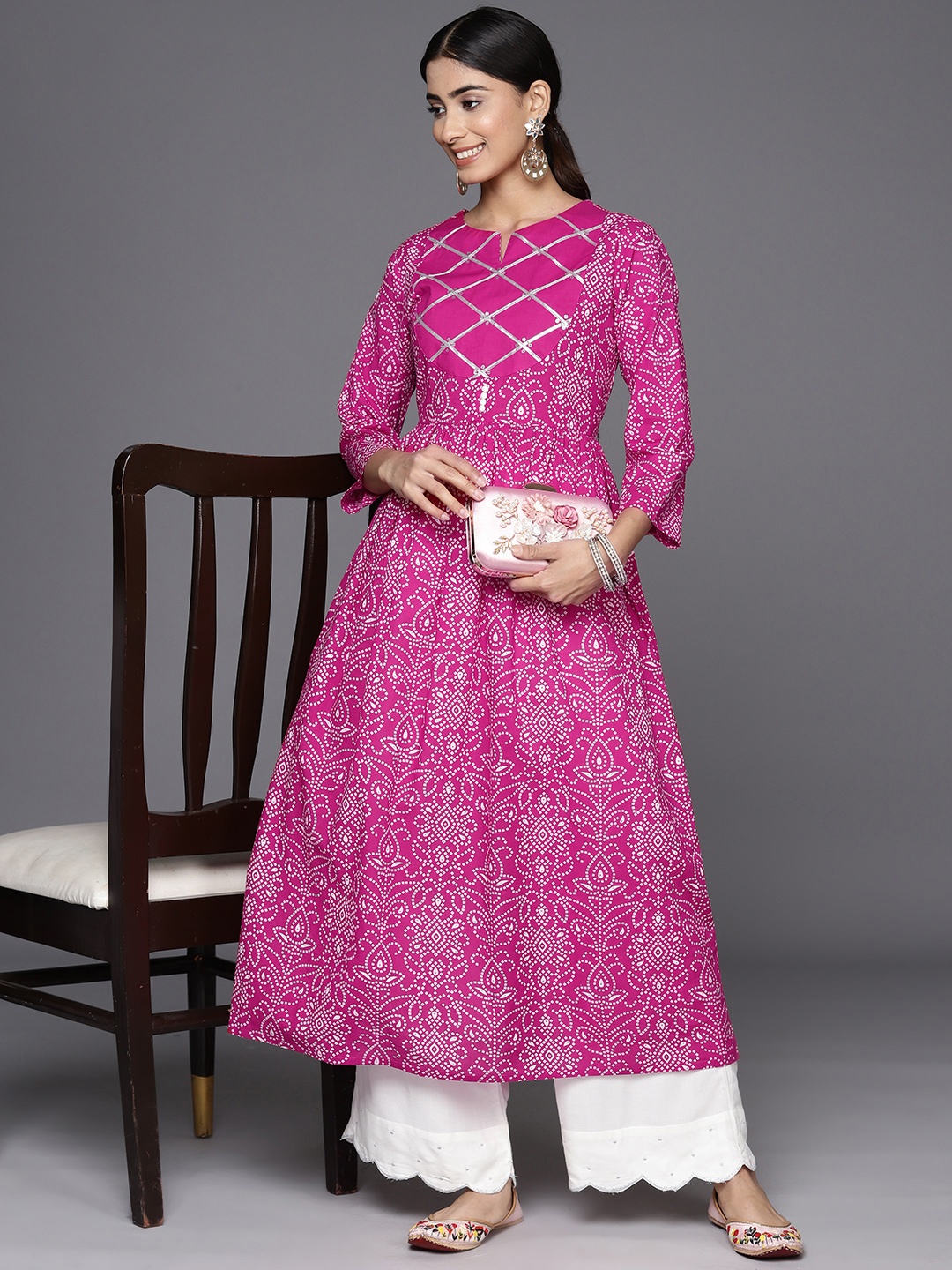 

Varanga Women Bandhani Printed Sequinned Anarkali Kurta, Fuchsia