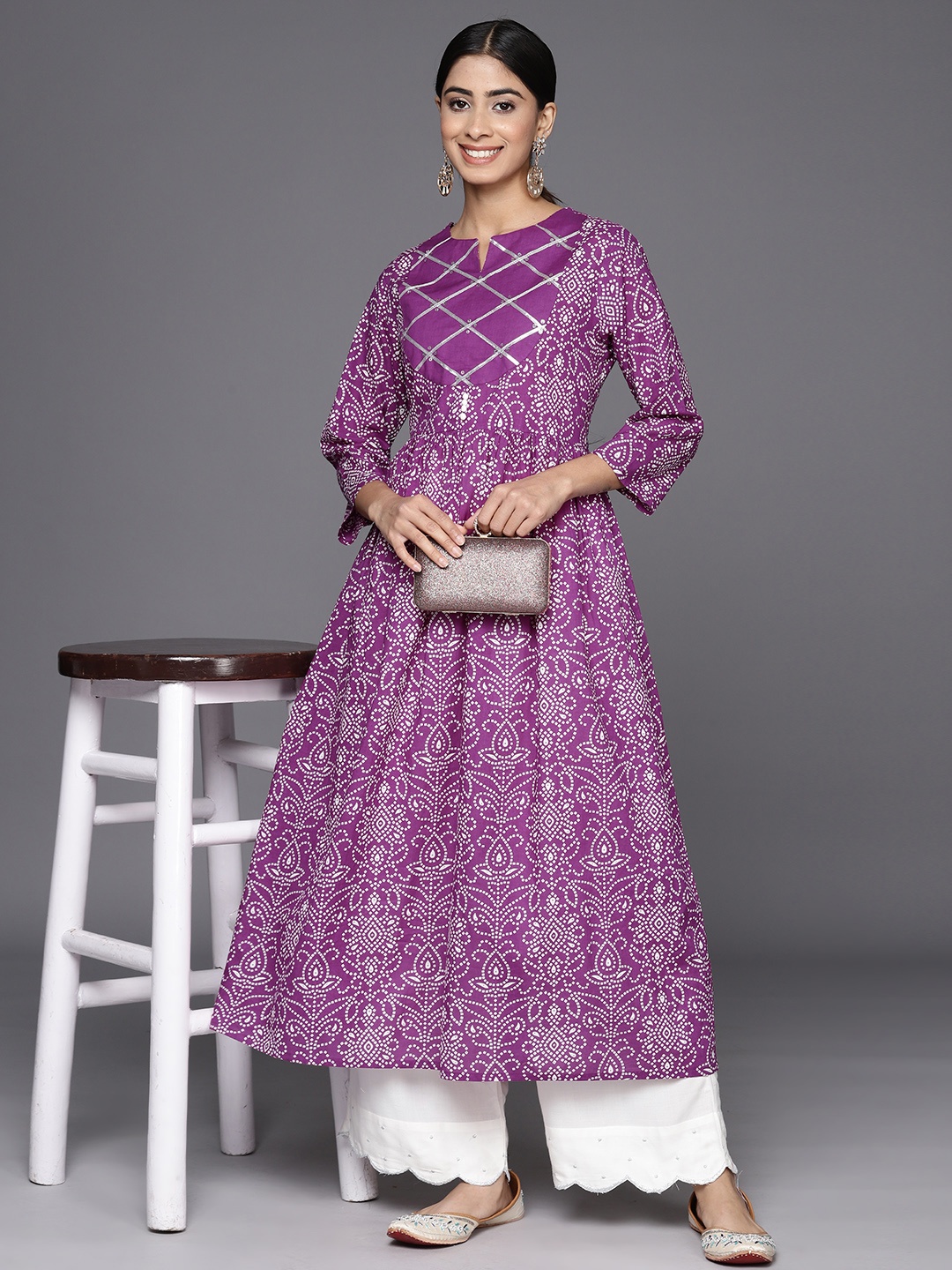 

Varanga Women Bandhani Printed Sequinned Anarkali Kurta, Purple