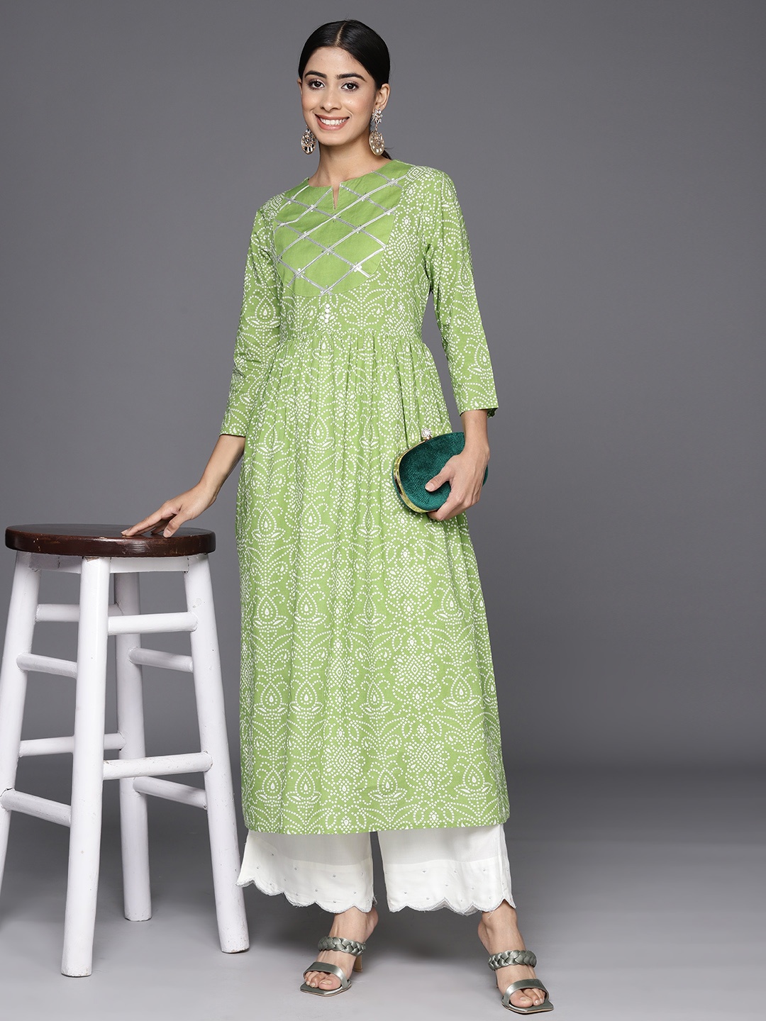 

Varanga Women Bandhani Printed Sequinned Anarkali Kurta, Green