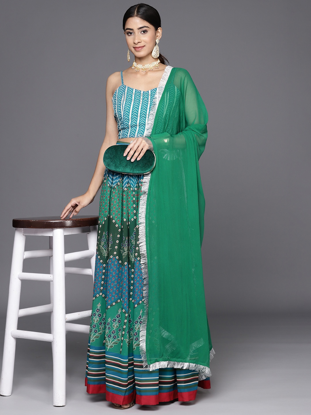 

Varanga Printed Ready To Wear Lehenga & Blouse With Dupatta, Teal