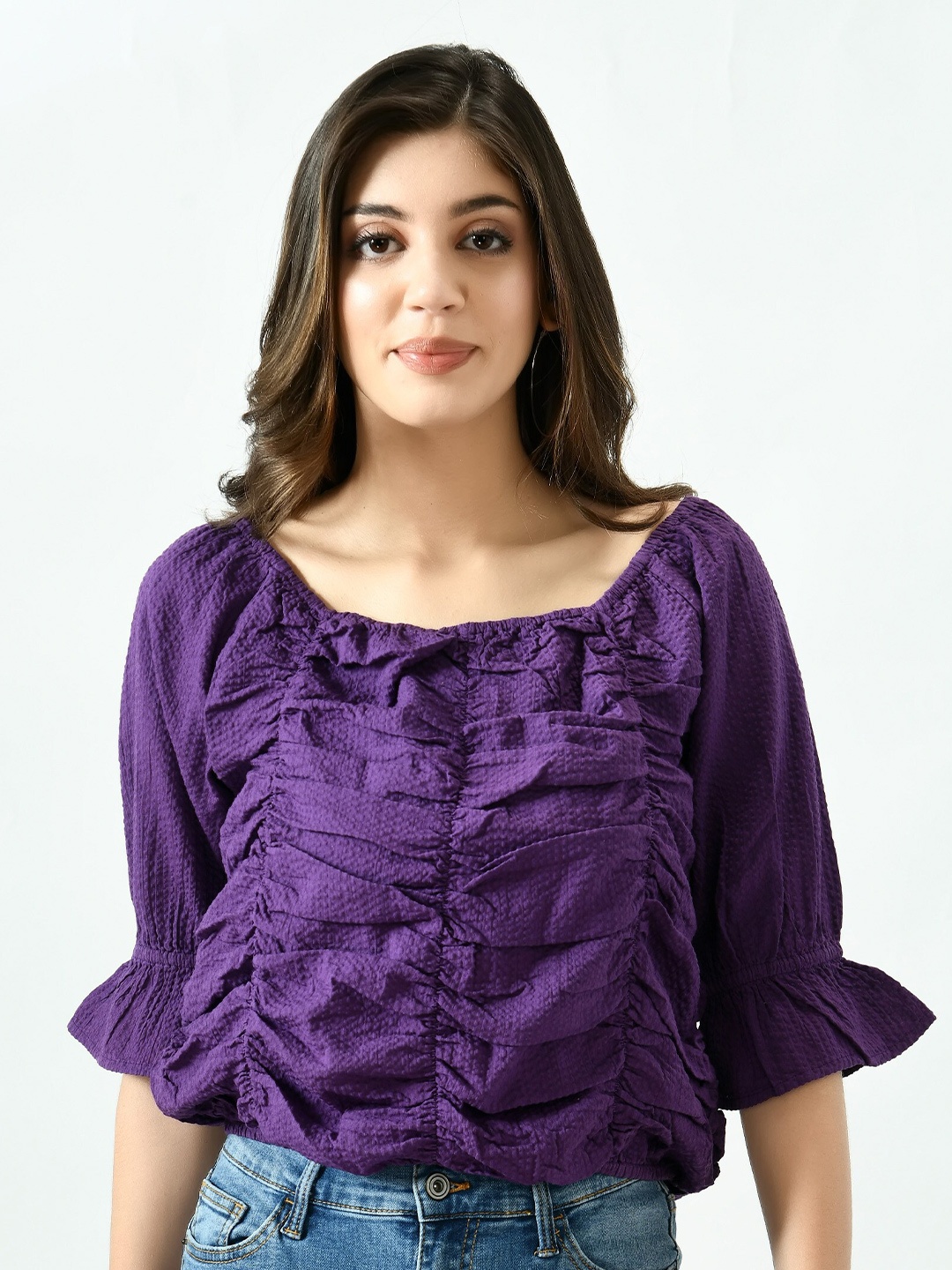 

MKOAL Square neck Bell Sleeves Gathers Top, Purple