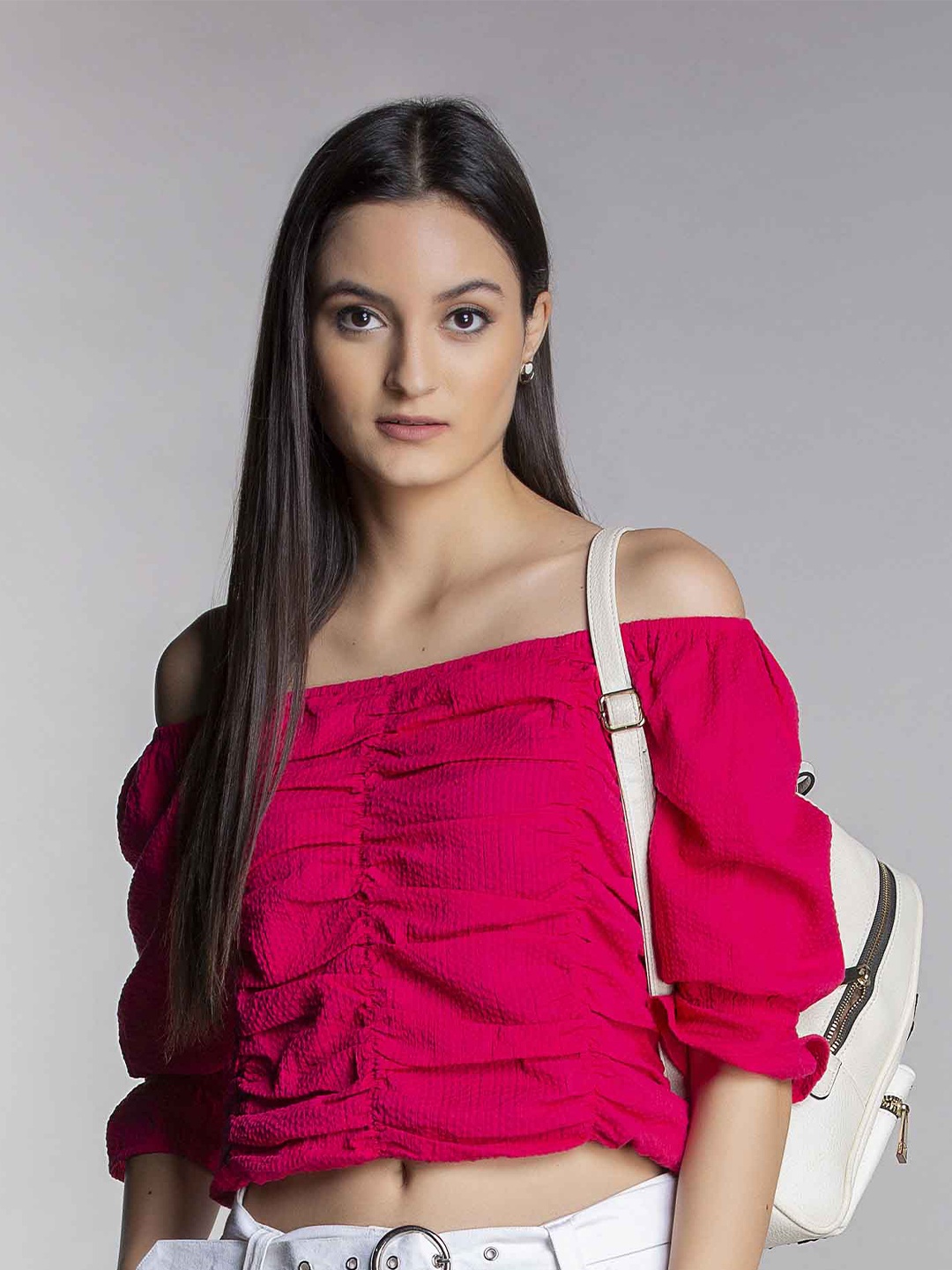 

MKOAL Off Shoulder Ruched Bardot Crop Top, Fuchsia