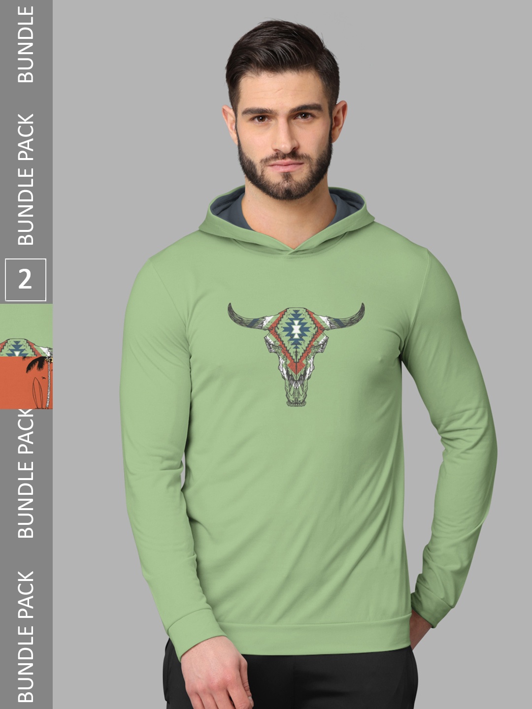 

BULLMER Pack Of 2 Graphic Printed Hood Long Sleeves Round Neck T-shirt, Green