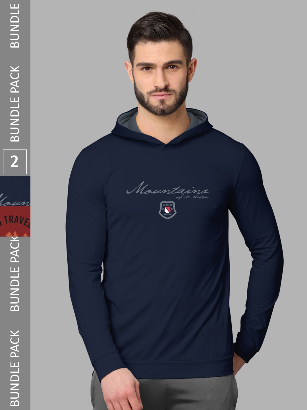 BULLMER Pack Of 2 Typography Printed Hooded Cotton T-shirt, Navy blue