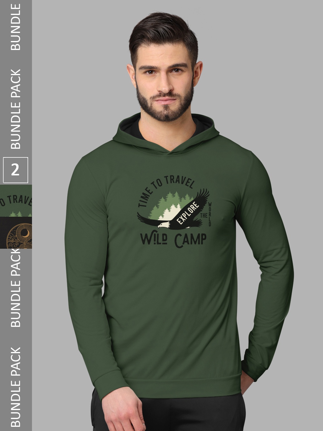 

BULLMER Pack Of 2 Typography Printed Hooded Cotton T-shirt, Green