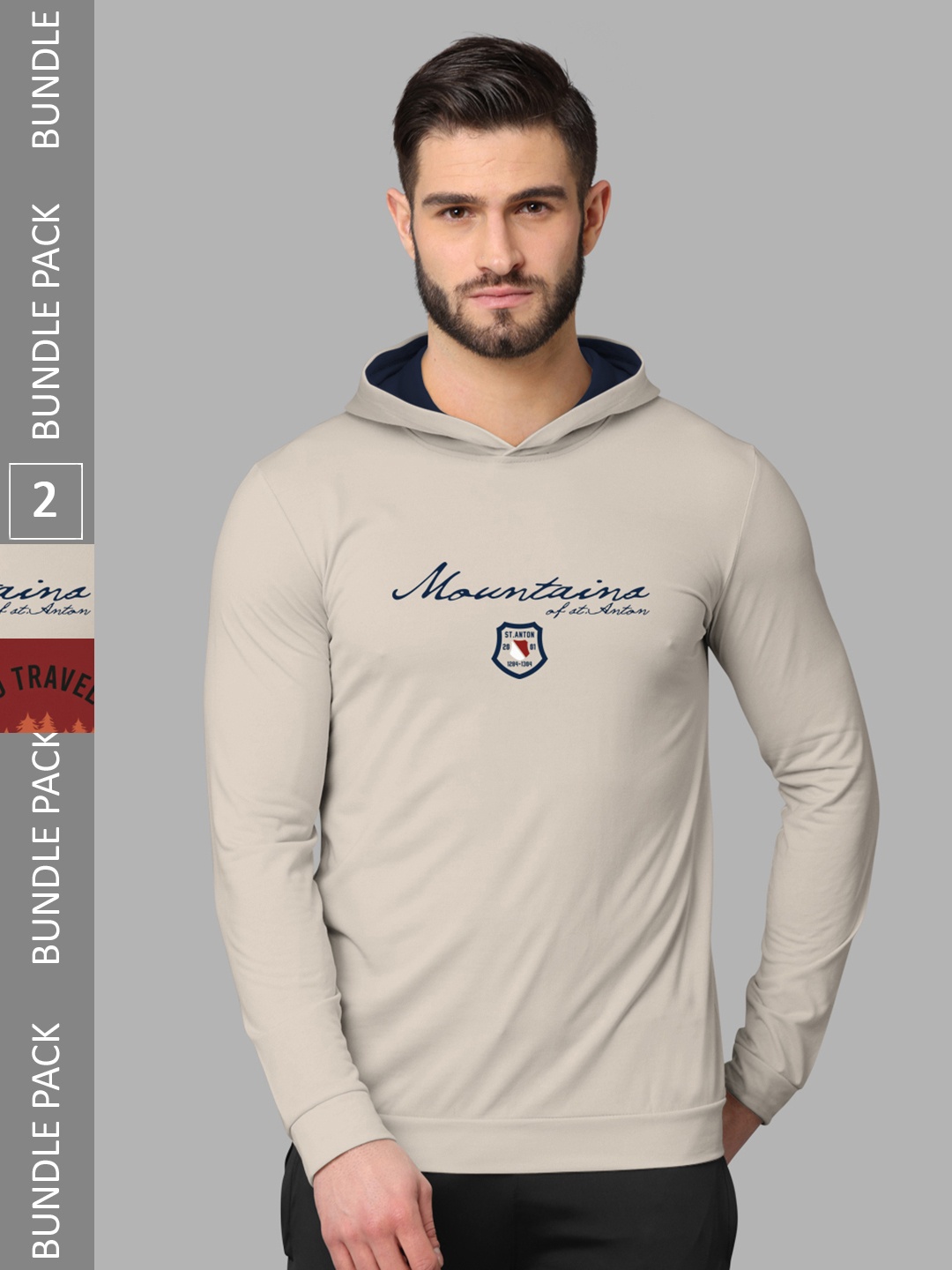 

BULLMER Pack Of 2 Typography Printed Hooded Cotton T-shirt, Beige