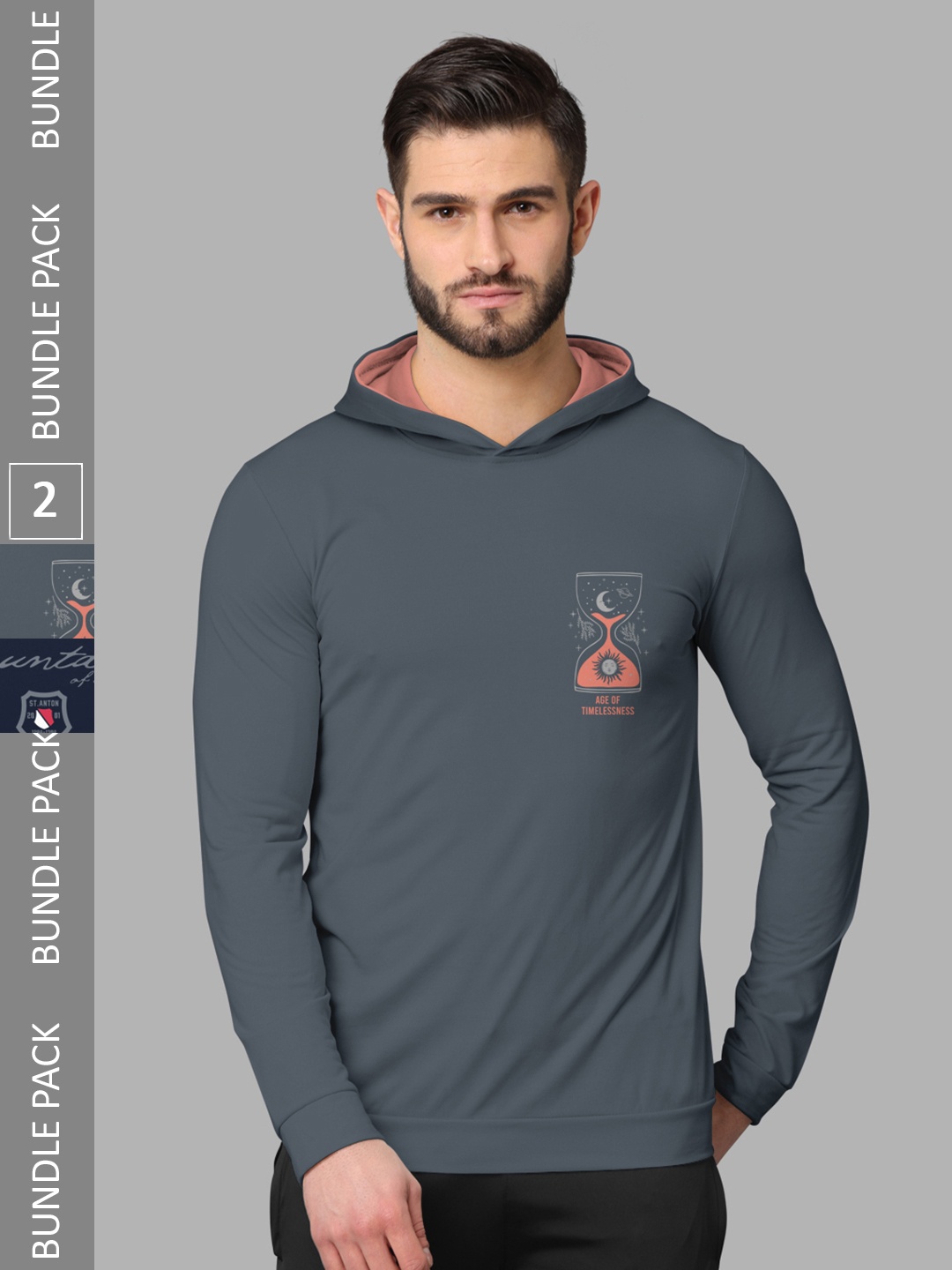

BULLMER Pack Of 2 Printed Hood Long Sleeves Round Neck T-shirt, Grey