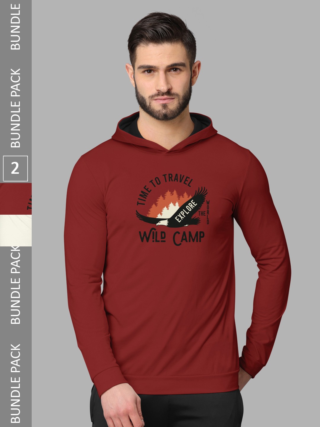 

BULLMER Pack Of 2 Printed Hood Long Sleeves Round Neck T-shirt, Red