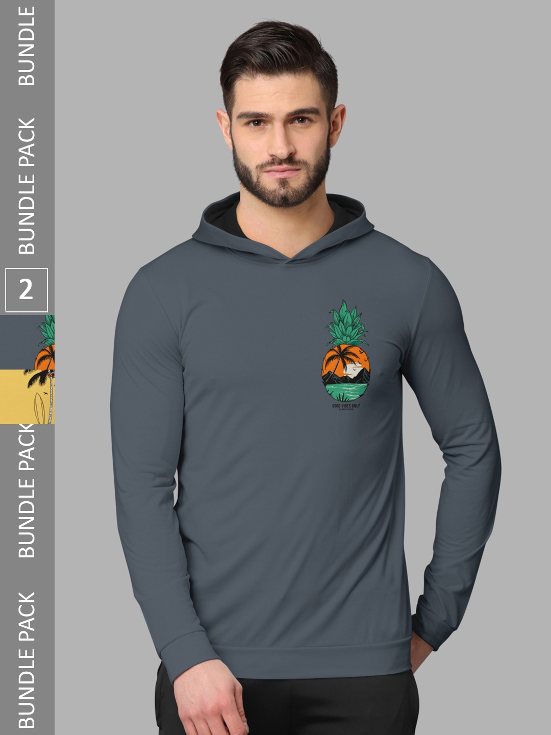 

BULLMER Pack Of 2 Printed Hooded Long Sleeves Cotton T-shirts, Grey