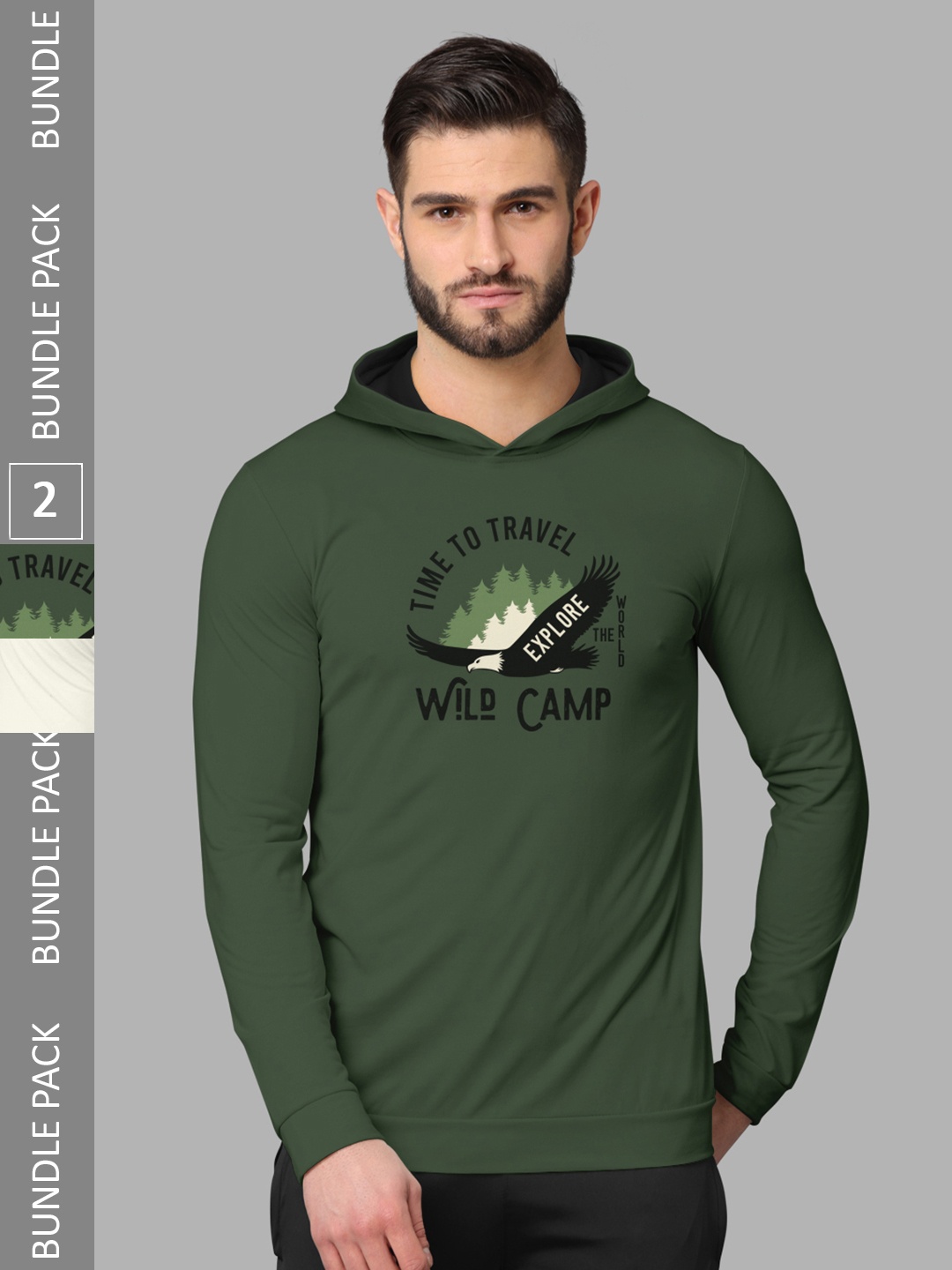 

BULLMER Pack of 2 Graphic Printed Long Sleeves Hooded T-shirts, Olive