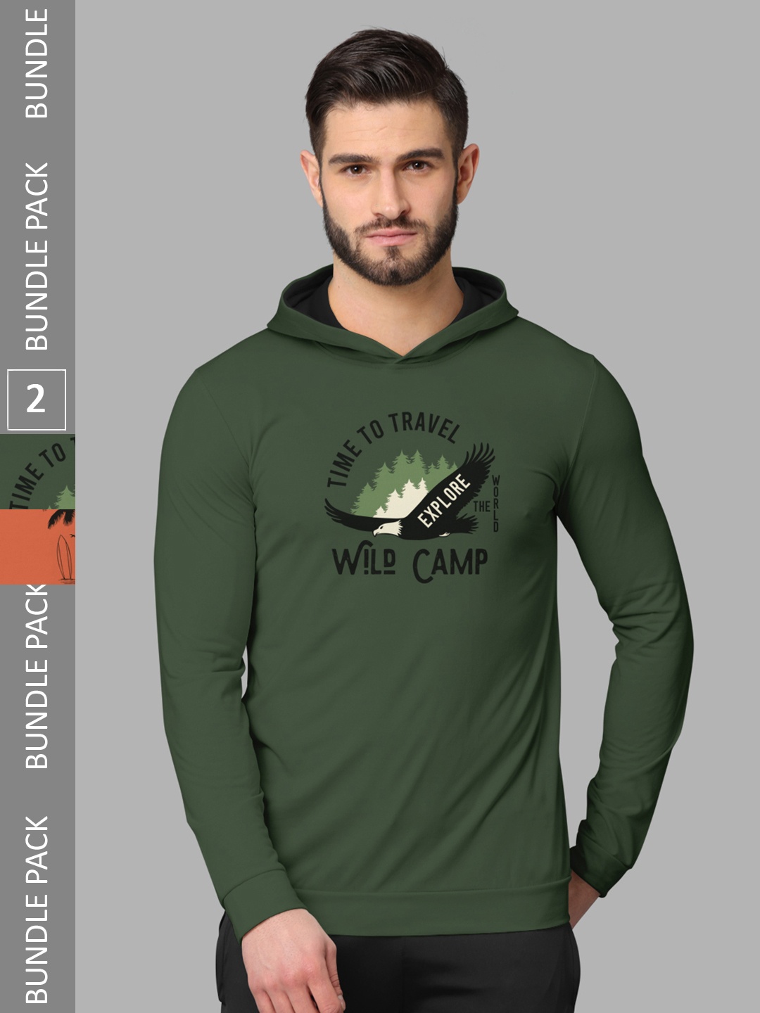 

BULLMER Pack of 2 Graphic Printed Long Sleeves Hooded Cotton T-shirts, Olive