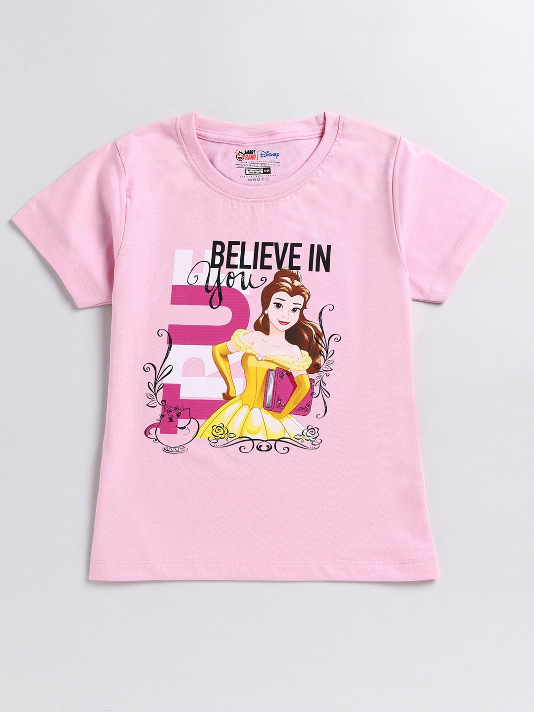 

SmartRAHO Girls Belle Printed Round Neck Cotton T-shirt, Pink