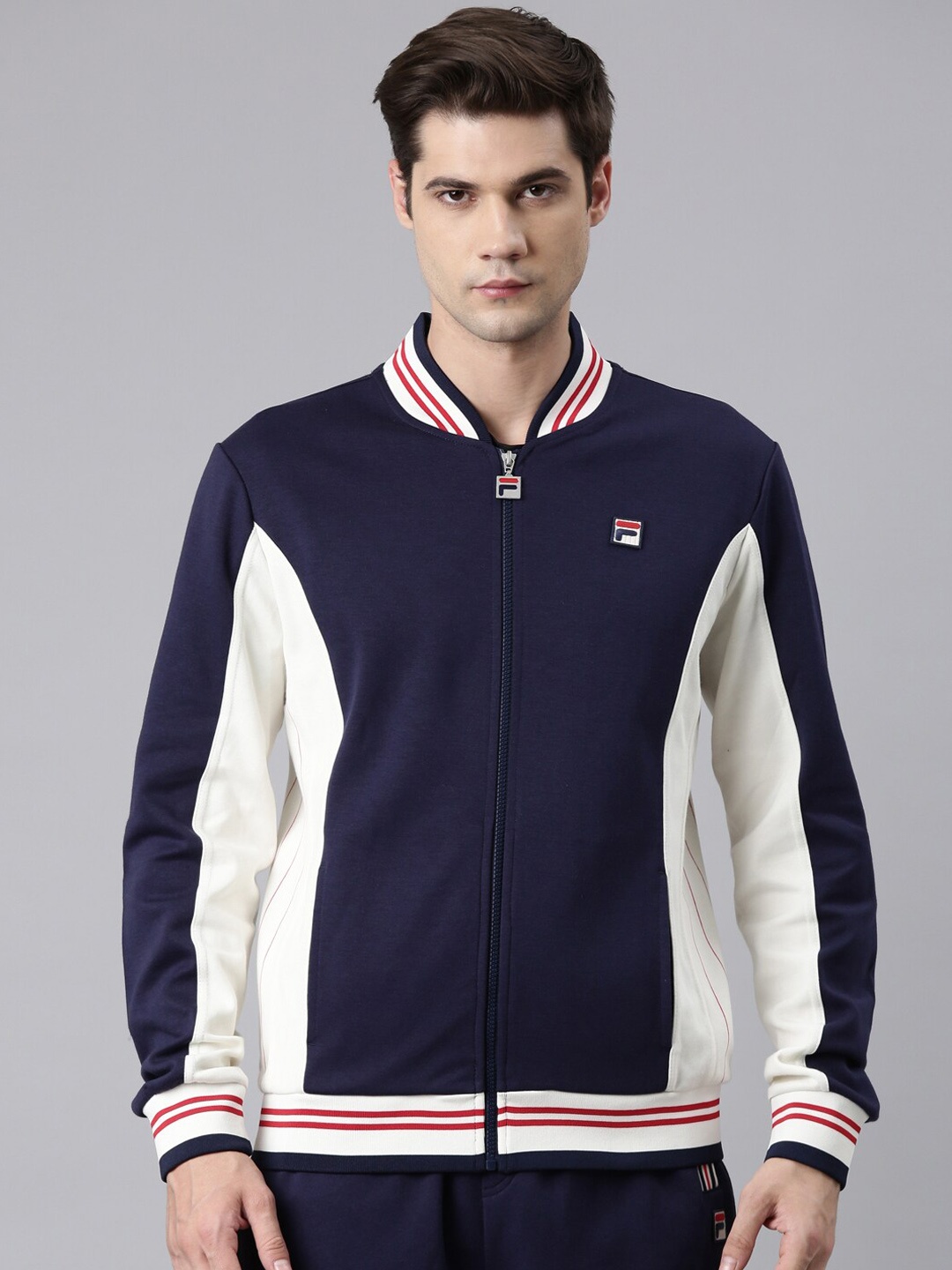 

FILA Colourblocked Mandarin Collar Cotton Varsity Jacket, Navy blue