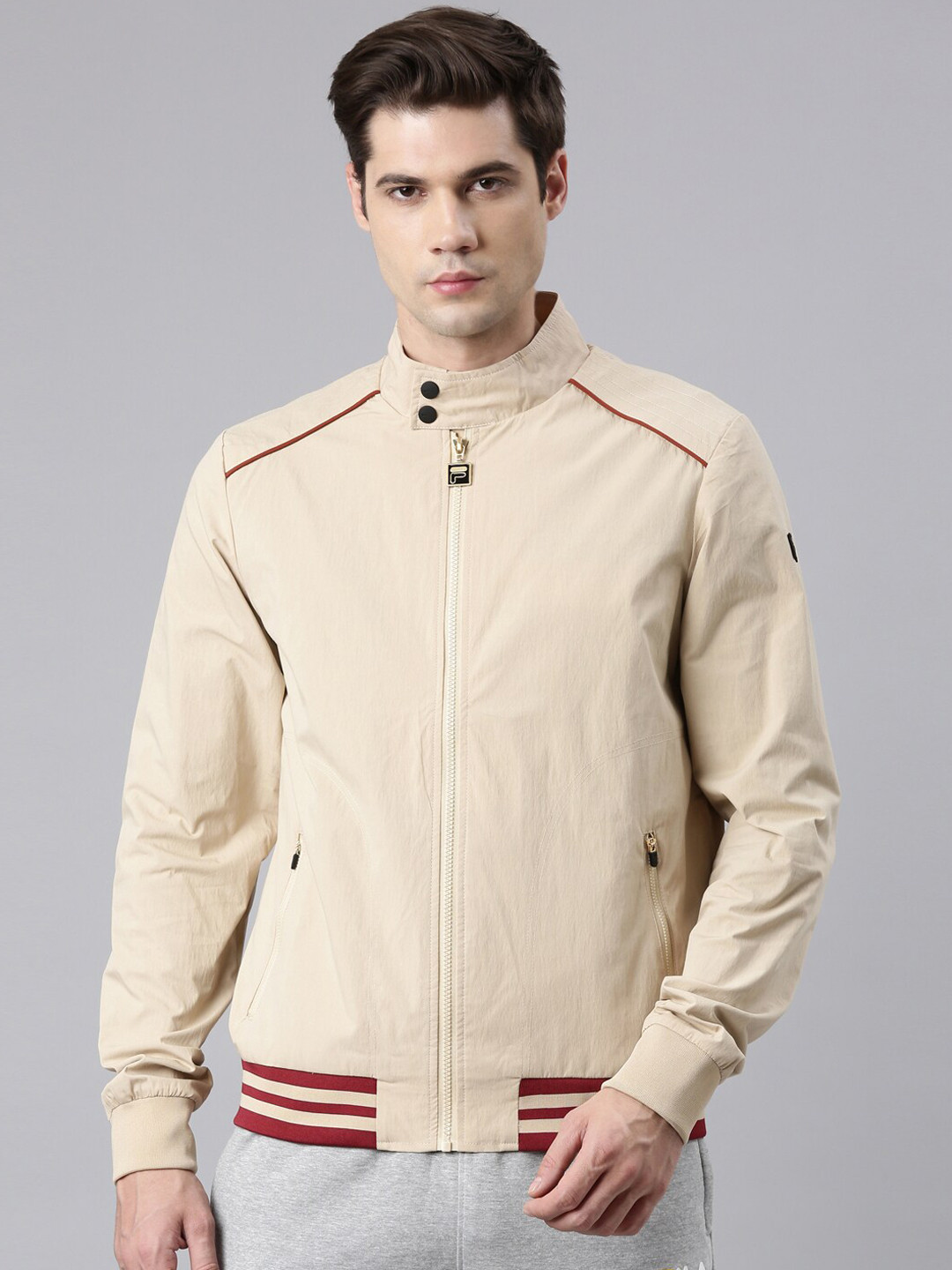 

FILA Stand Collar Long Sleeves Varsity Jacket, Cream