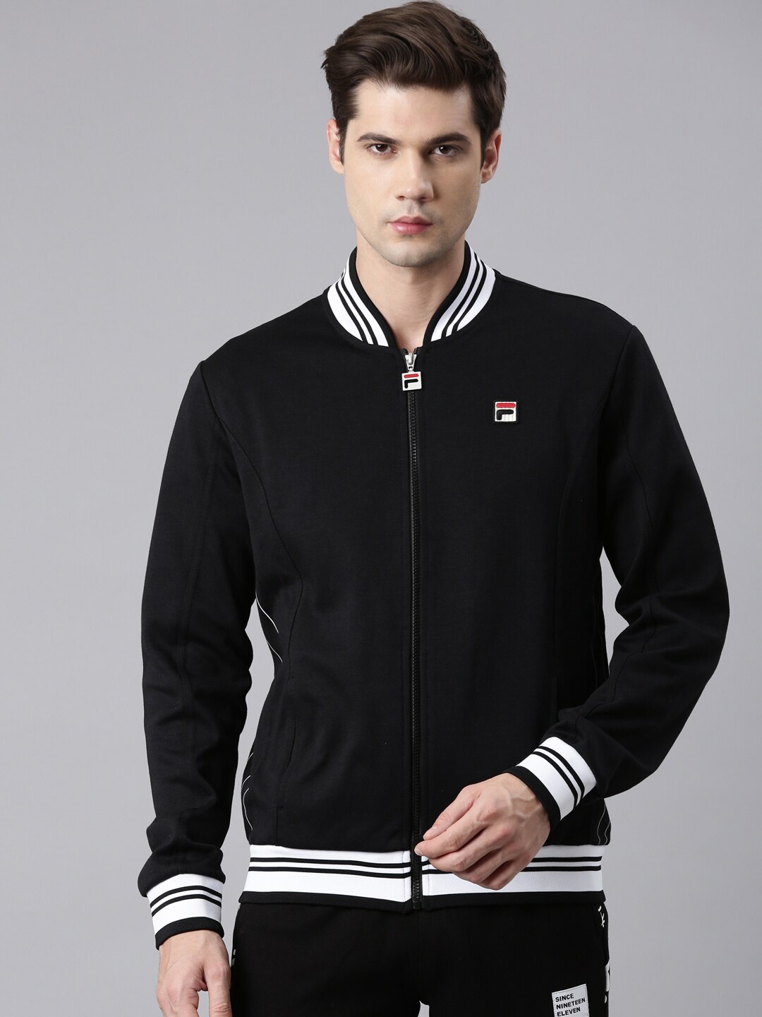 

FILA Mandarin Collar Cotton Varsity Jacket, Black