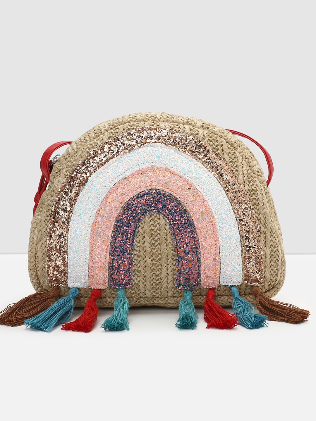

max Colourblocked Half Moon Sling Bag with Tasselled, Beige