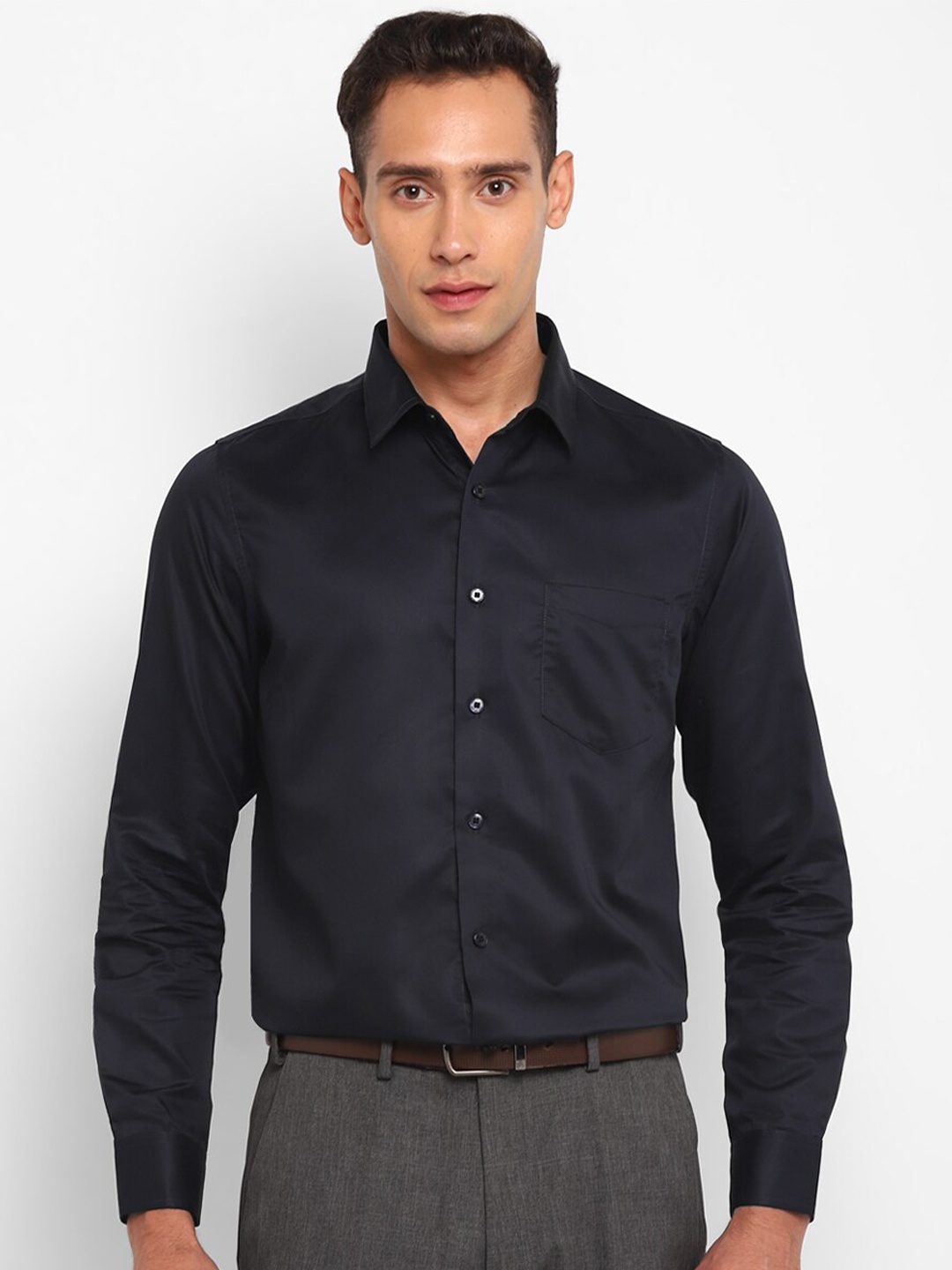 TOP BRASS Spread Collar Cotton Formal Shirt, Navy blue