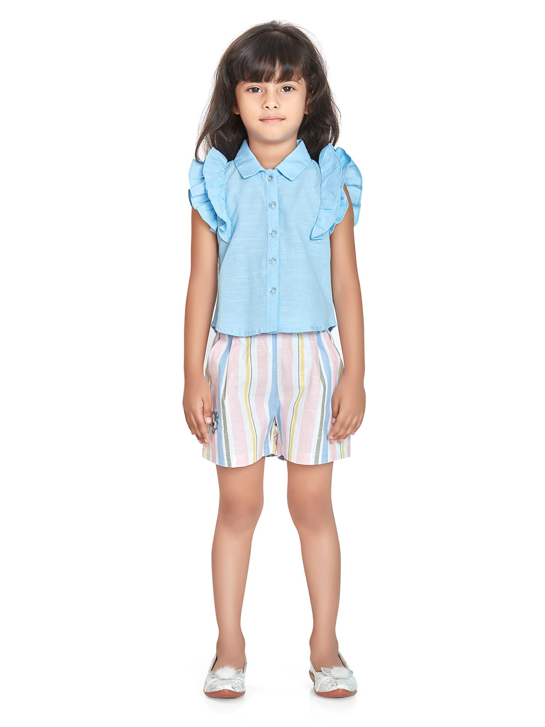 

Peppermint Girls Ruffled Linen Top with Shorts, Blue