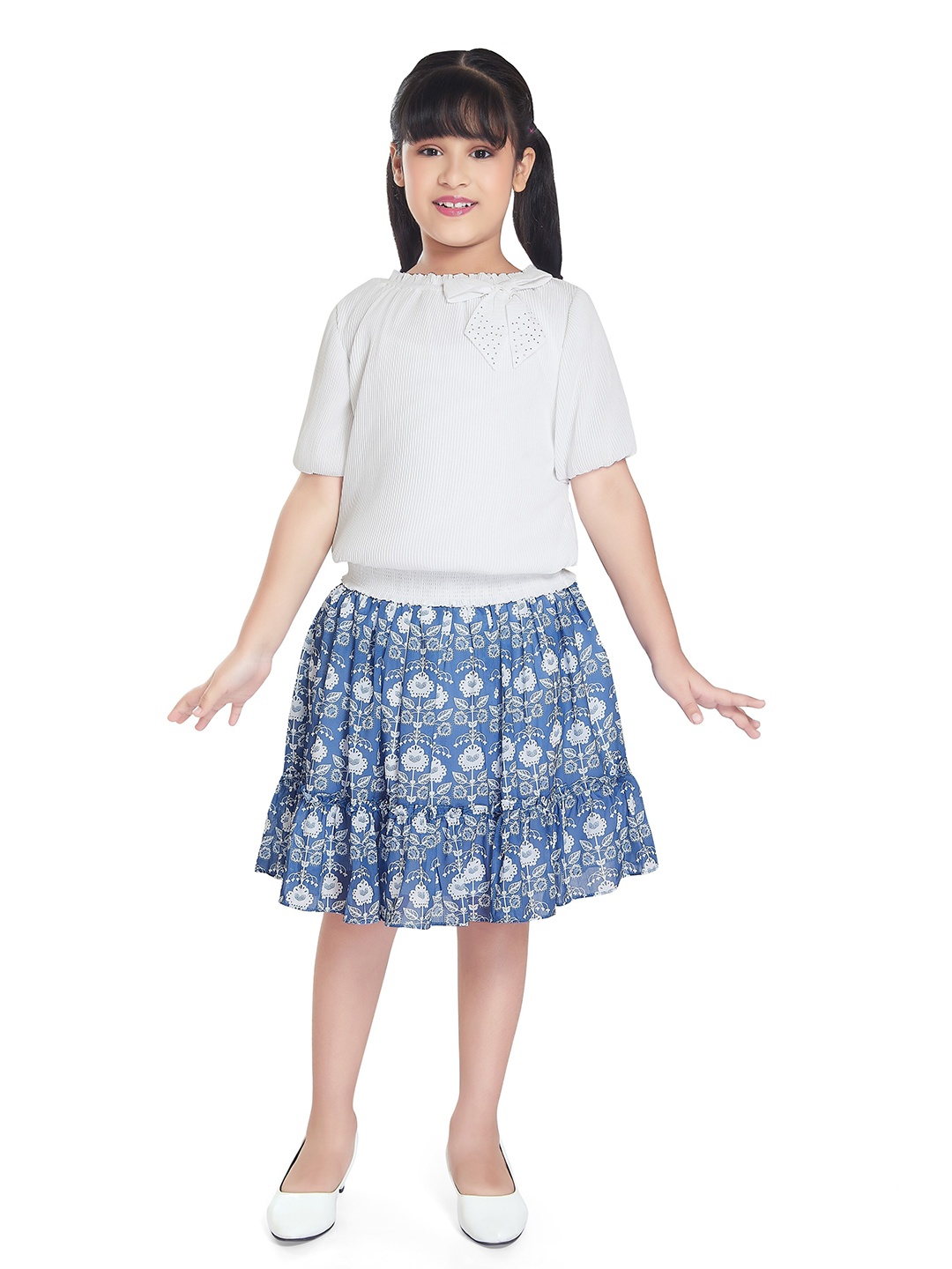 

Peppermint Girls Top with Printed Skirt, White