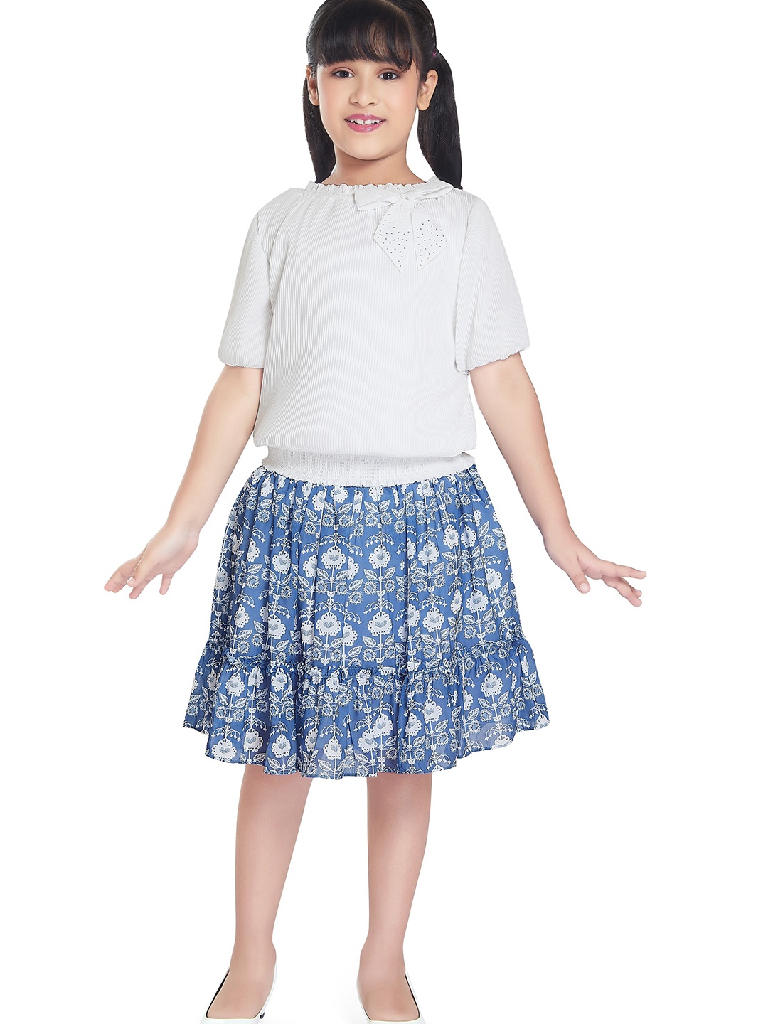 

Peppermint Girls Top with Printed Skirt, White