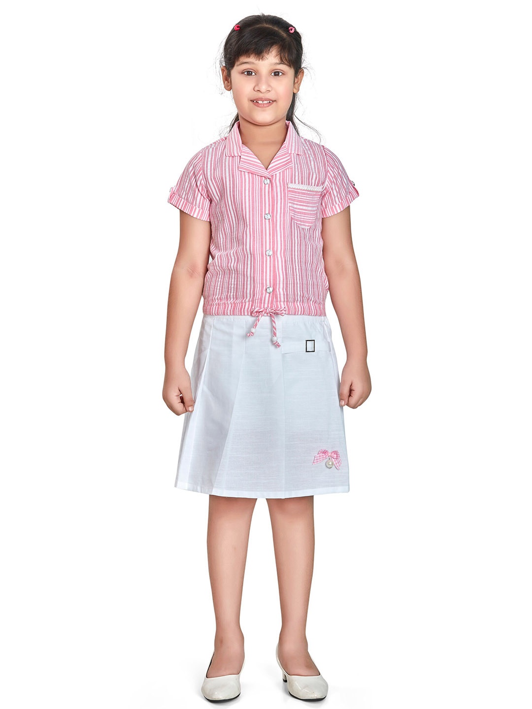 

Peppermint Girls Striped Cuban Collar Shirt with Skirt, Pink