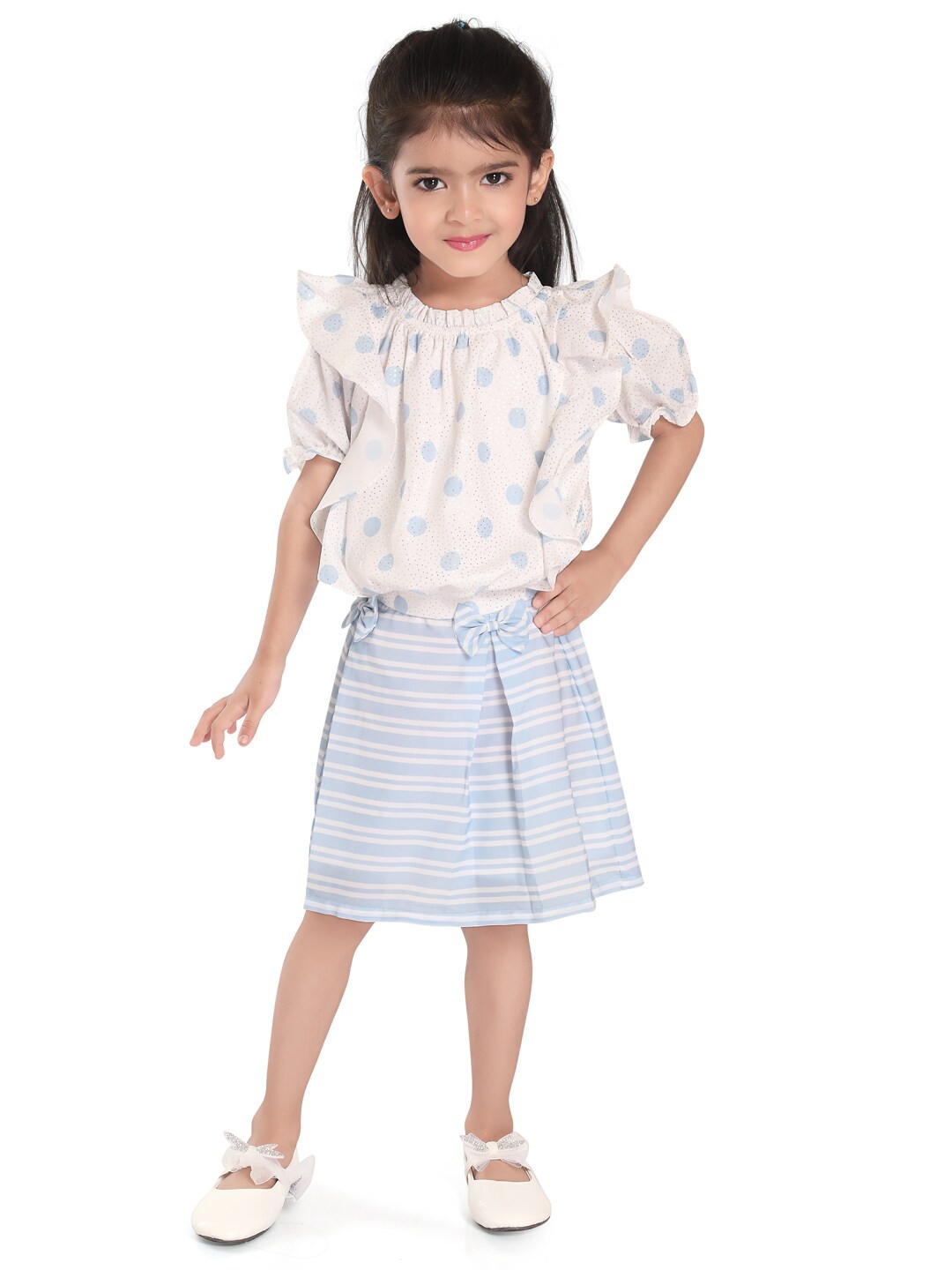 

Peppermint Girls Printed Puff Sleeves Top with Skirt, Blue