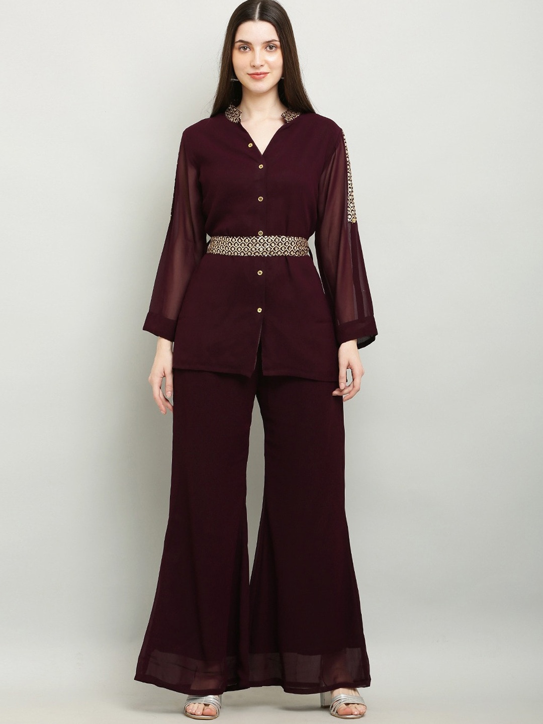 

Ashnaina Sequinned Embellished Shirt & flared Palazzos, Maroon