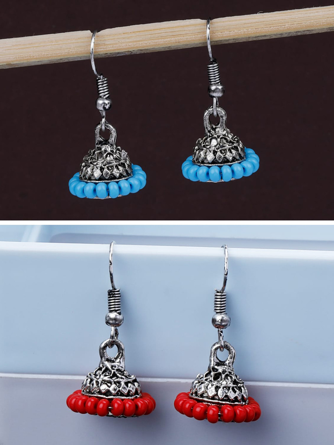 

Silver Shine Set Of 2 Silver Plated Classic Oxidised Jhumkas