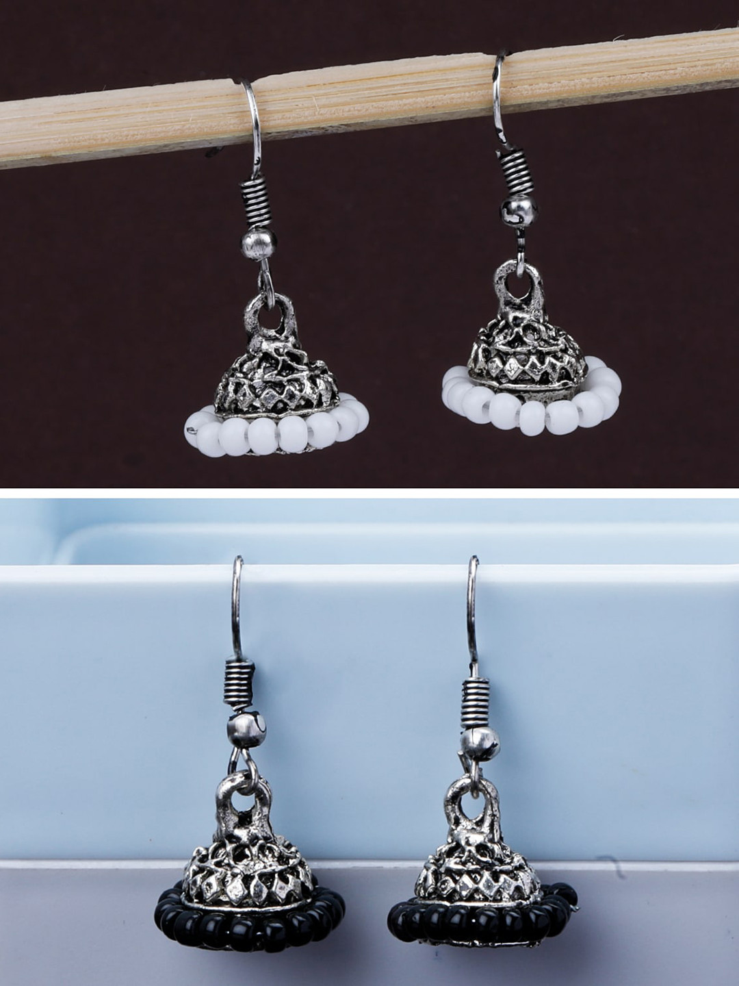 

Silver Shine Pack Of 2 Silver-Plated Classic Traditional Jhumkas, White