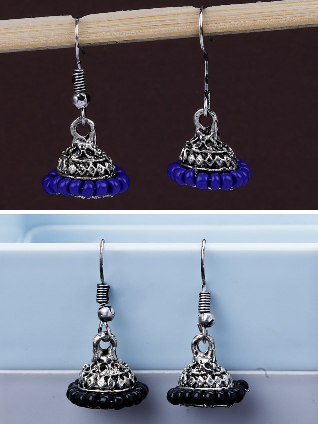 

Silver Shine Pack Of 2 Silver-Plated Classic Traditional Jhumkas, Black