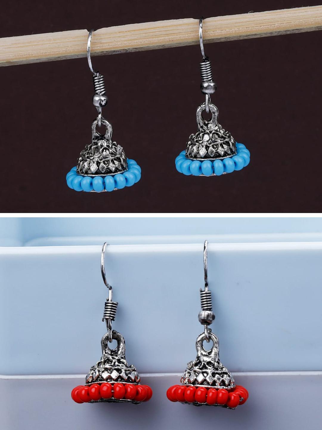 

Silver Shine Set Of 2 Silver Plated Classic Oxidised Jhumkas