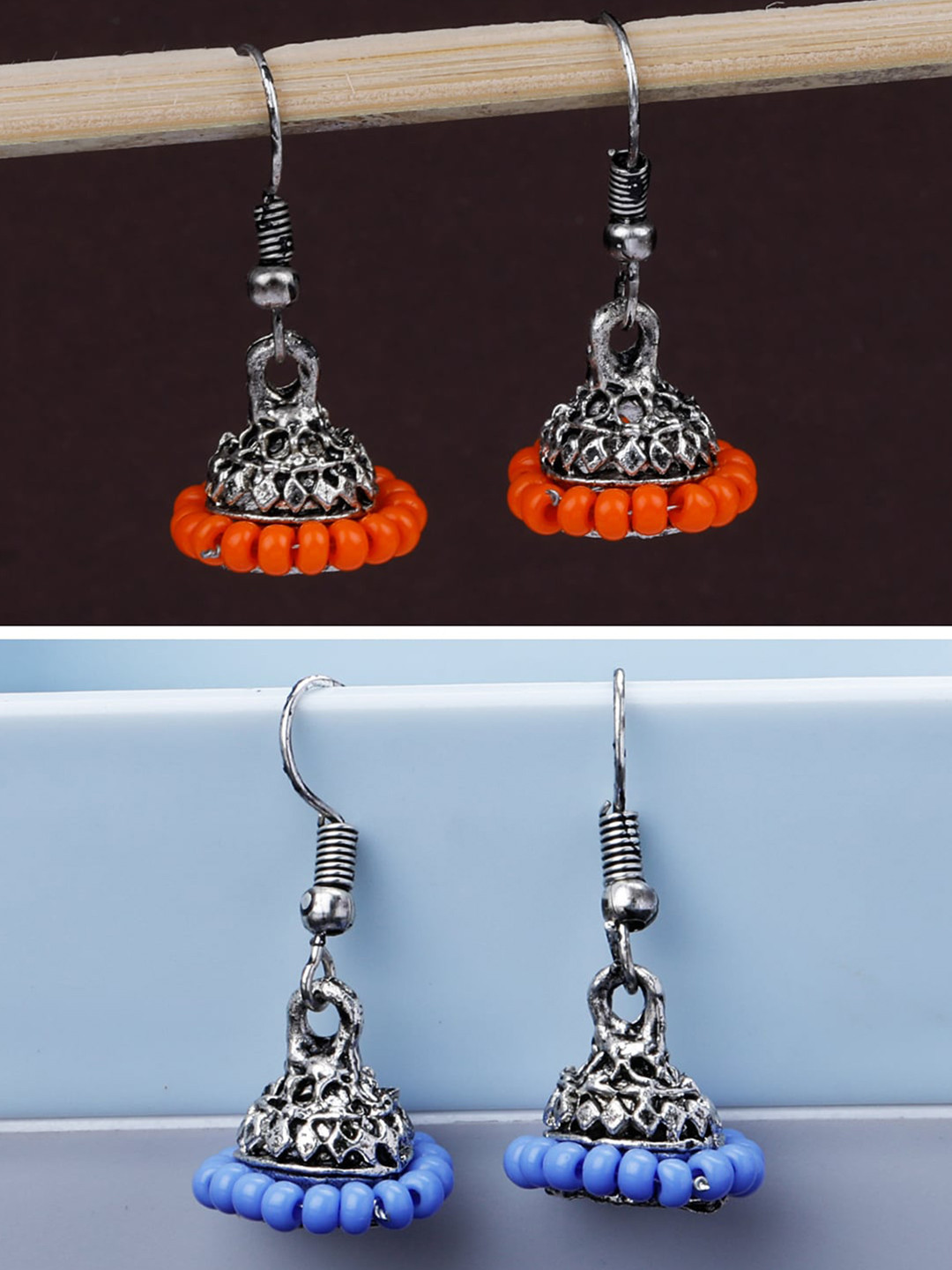 

Silver Shine Pack Of 2 Silver-Plated Classic Traditional Jhumkas, Orange