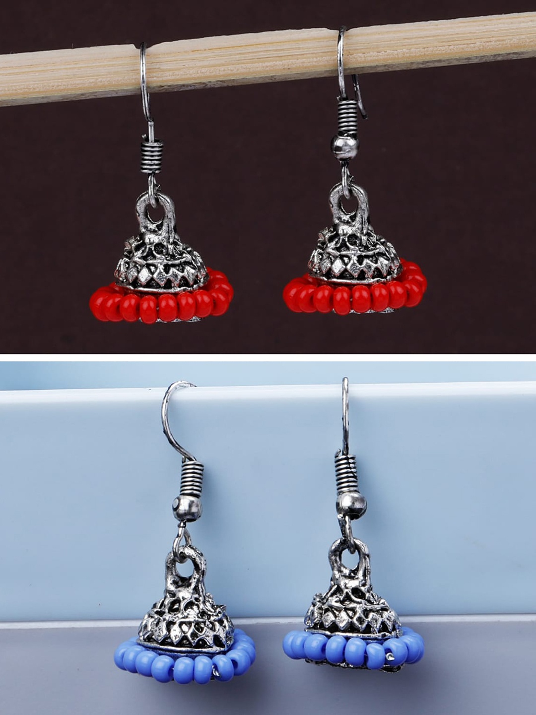 

Silver Shine Set Of 2 Silver Plated Classic Oxidised Jhumkas