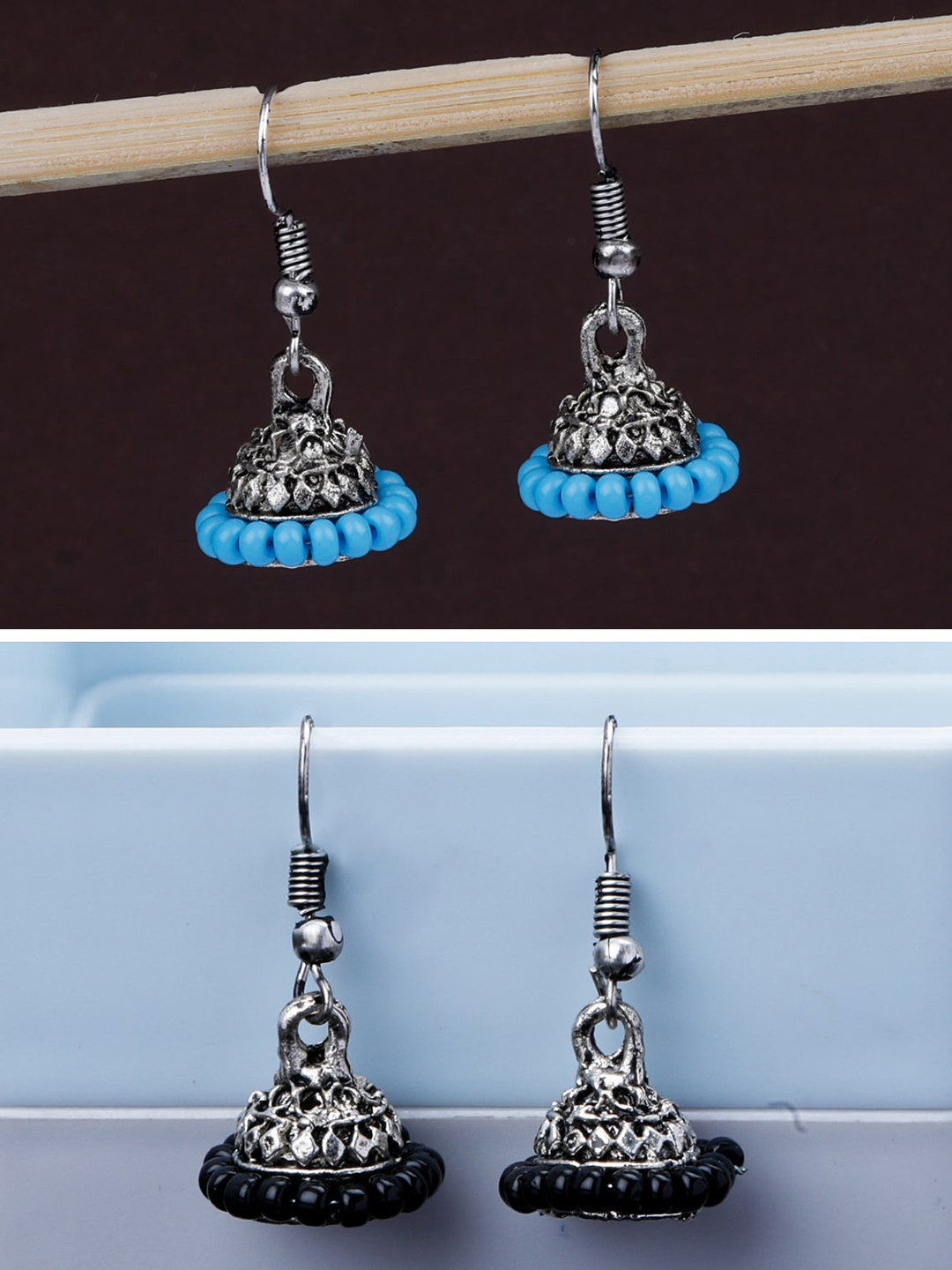 

Silver Shine Set Of 2 Silver Plated Classic Oxidised Jhumkas
