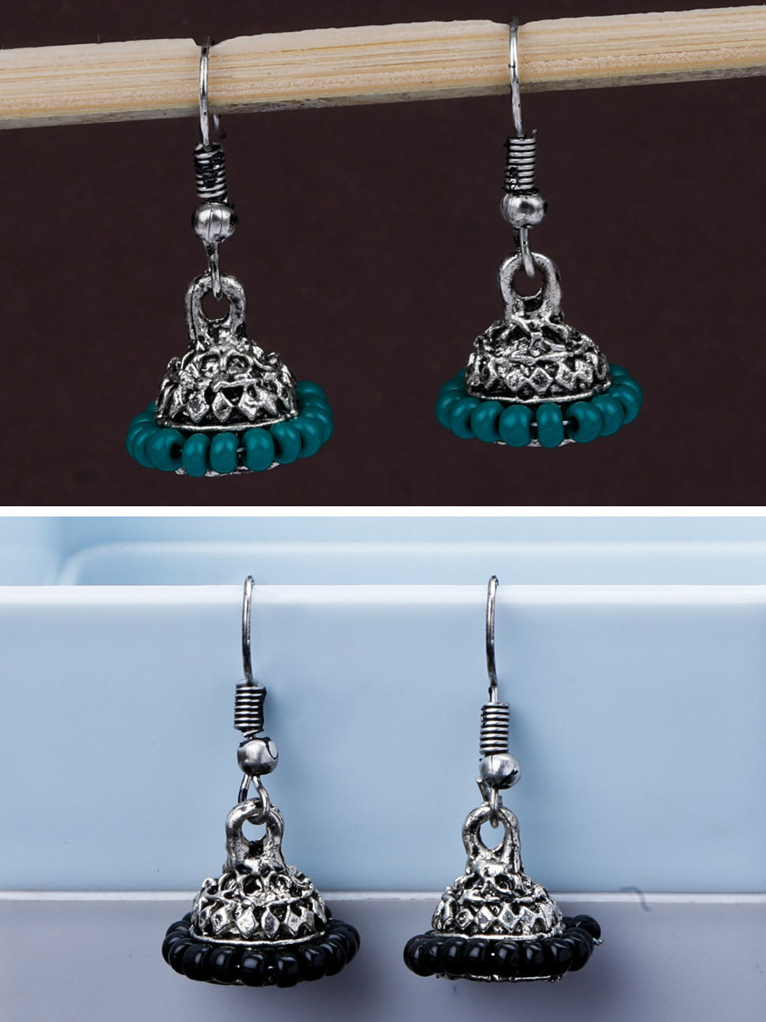 

Silver Shine Set Of 2 Silver Plated Classic Oxidised Jhumkas