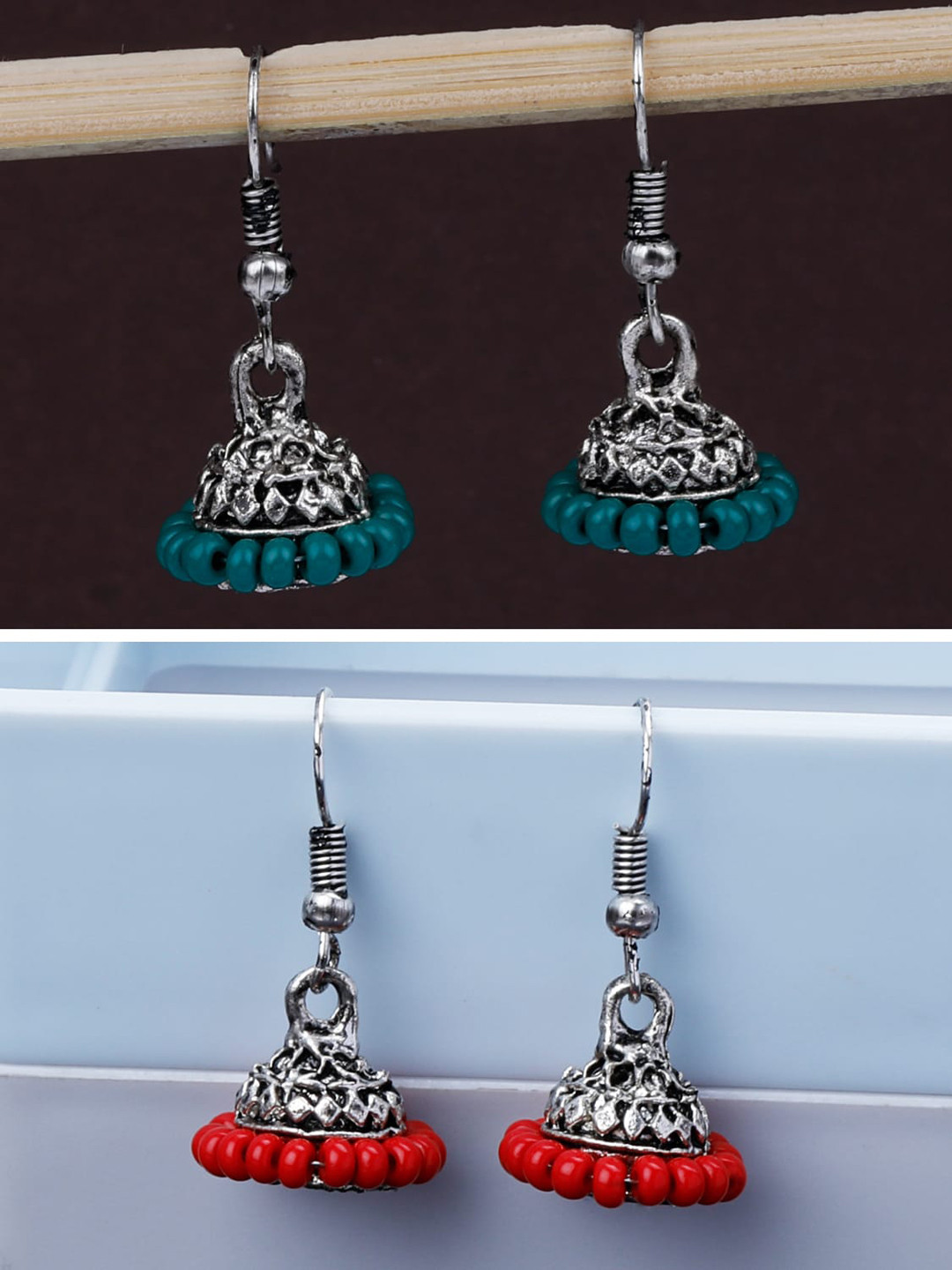 

Silver Shine Set Of 2 Silver Plated Classic Oxidised Jhumkas