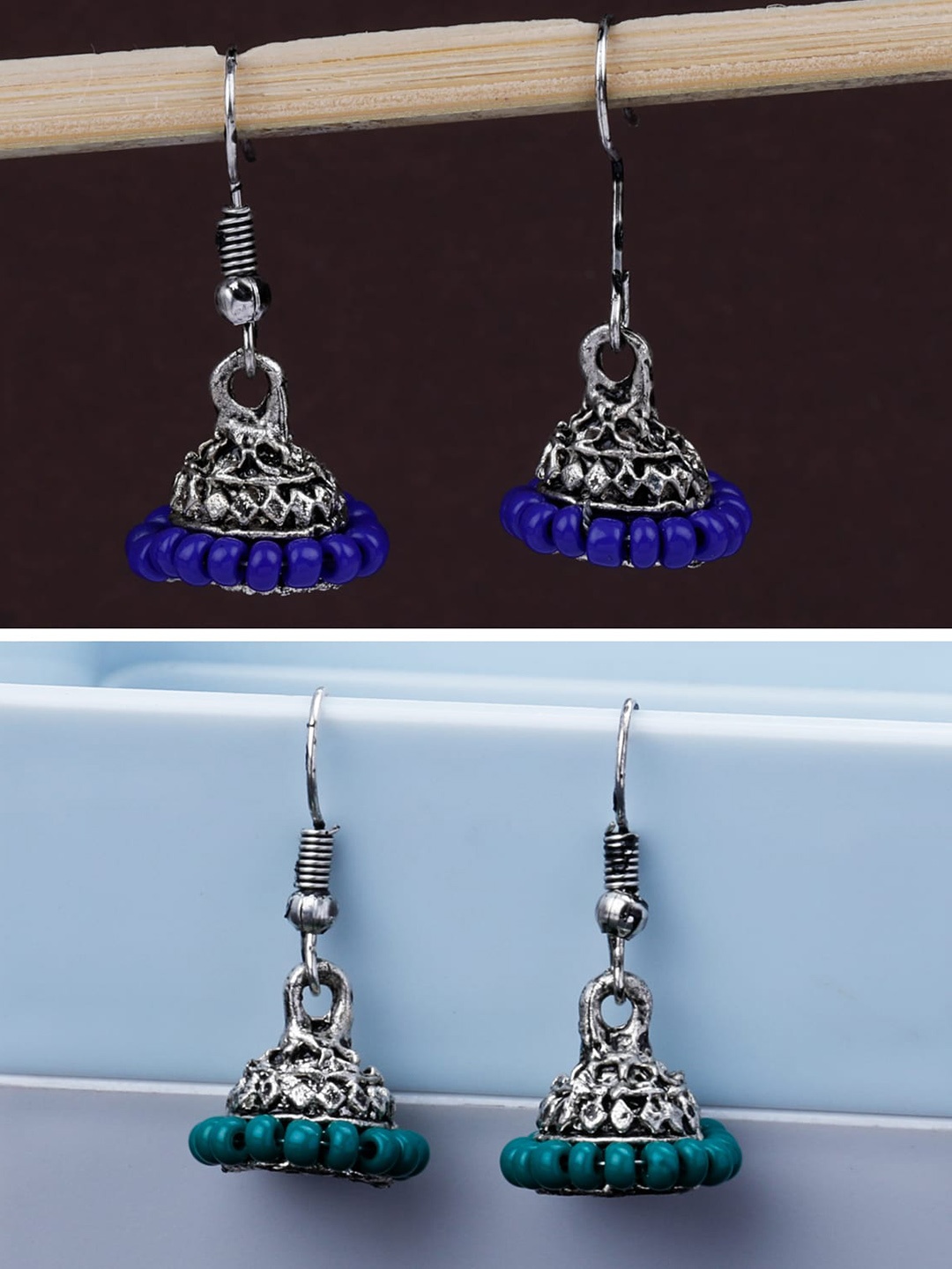 

Silver Shine Pack Of 2 Silver-Plated Classic Traditional Jhumkas, Blue