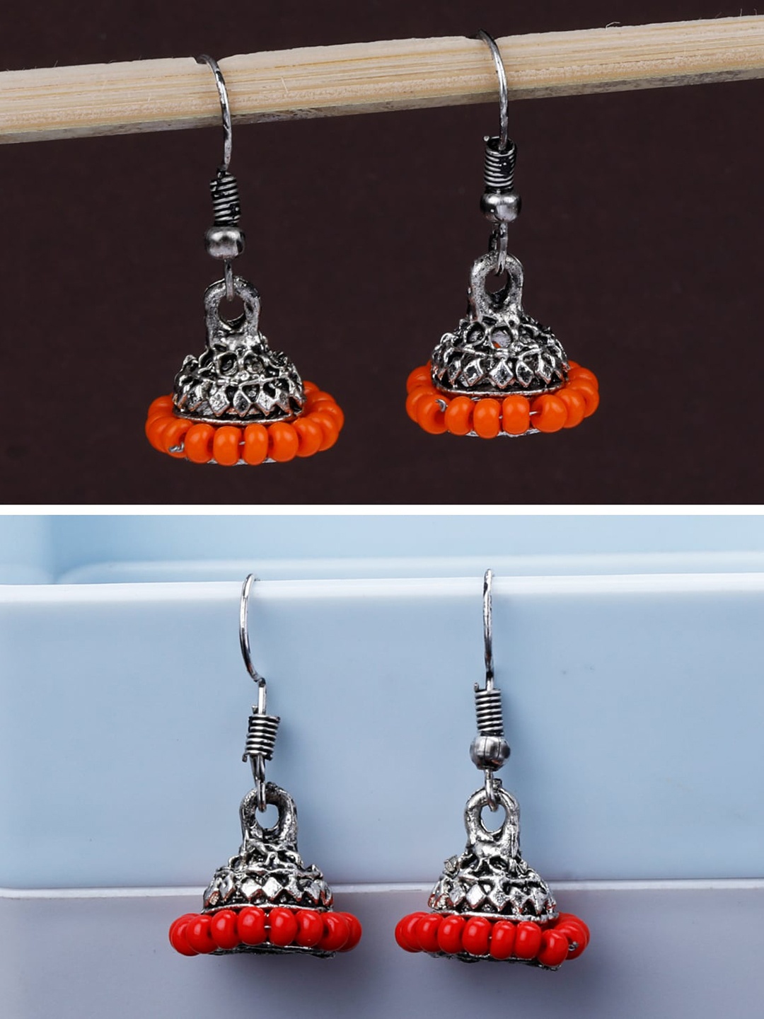 

Silver Shine Pack Of 2 Silver-Plated Classic Traditional Jhumkas, Orange