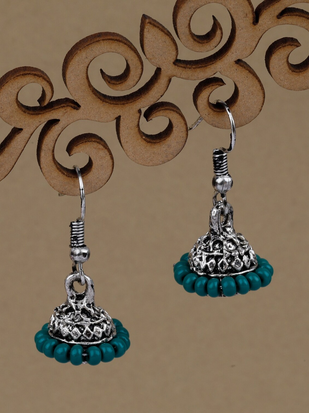 

Silver Shine Pack Of 2 Silver-Plated Classic Traditional Jhumkas, Green