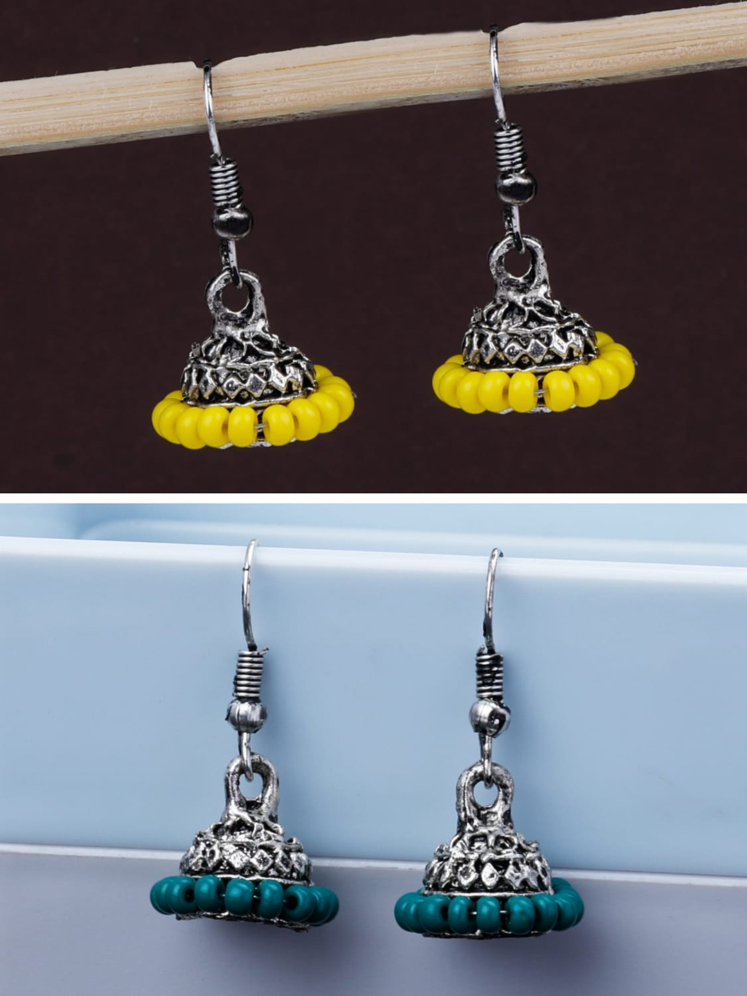 

Silver Shine Pack Of 2 Silver-Plated Classic Traditional Jhumkas, Yellow