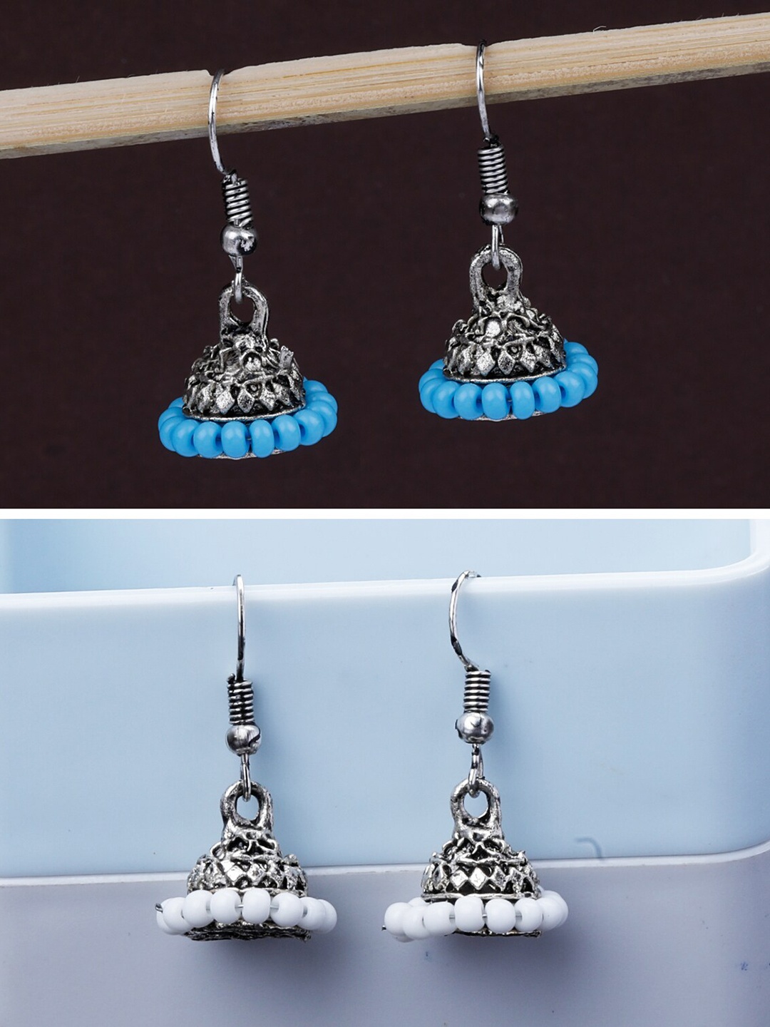 

Silver Shine Pack Of 2 Silver-Plated Classic Traditional Jhumkas, Blue